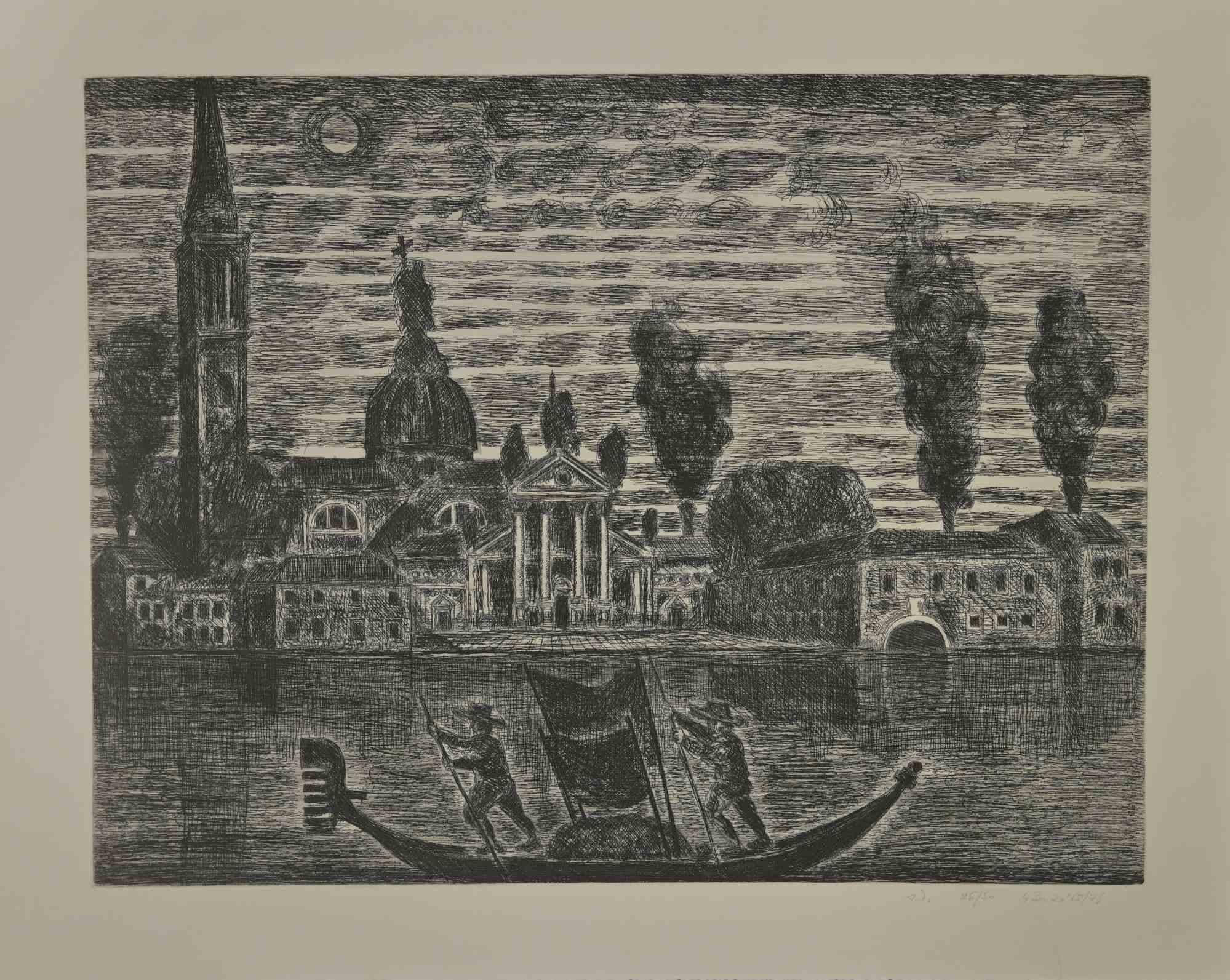 Gondoliers in Venice is an etching realized by Gianpaolo Berto in 1974.

60 X 75 cm, no frame.

Edition 28/50. Numbered and firmed by the artist in the lower margin.

Good conditions.

 

Gianpaolo Berto (1940) was born and raised in the