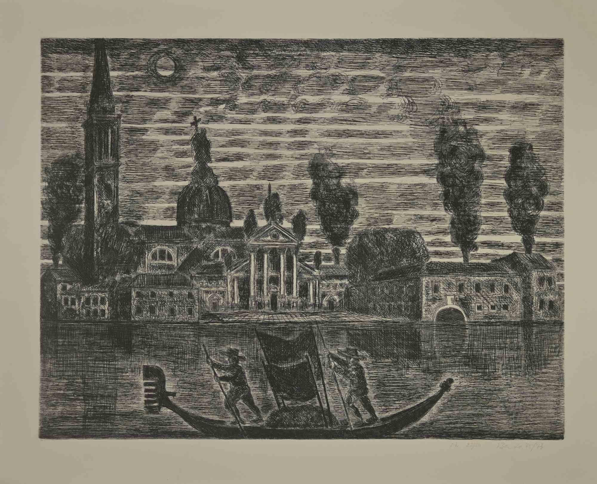 Gondoliers in Venice - Etching by Gianpaolo Berto - 1974