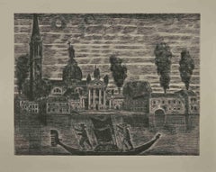Gondoleros en Venecia - Aguafuerte de Gianpaolo Berto - 1974