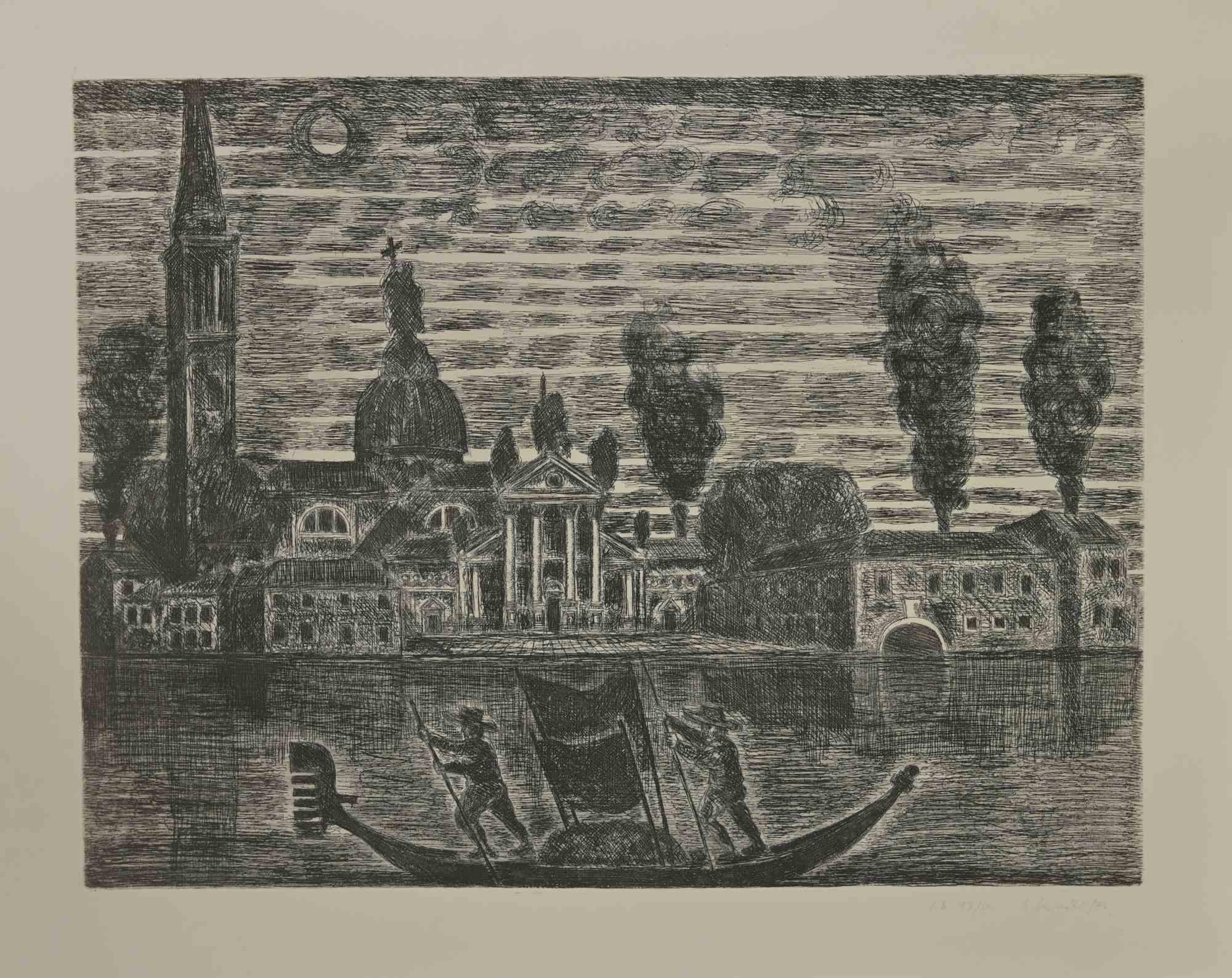 Gondoliers in Venice is an etching realized by Gianpaolo Berto in 1974.

60 X 75 cm , no frame.

Edition 17/50. Numbered and firmed by the artist in the lower margin.

Good conditions.

 

Gianpaolo Berto (1940) was born and raised in the