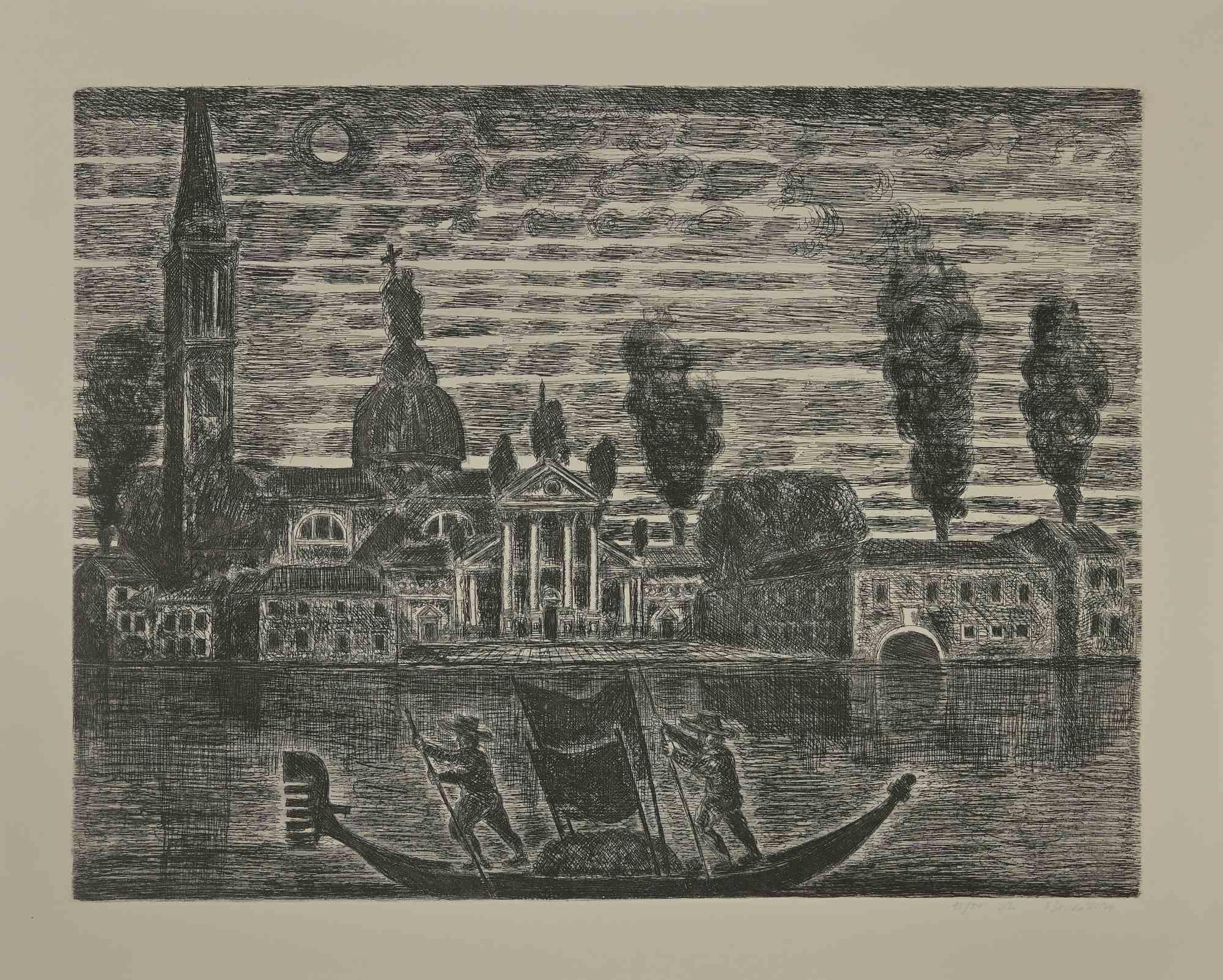 Gondoliers in Venice is an etching realized by Gianpaolo Berto in 1974.

60 X 75 cm , no frame.

Edition 15/50. Numbered and firmed by the artist in the lower margin.

Good conditions.

 
Gianpaolo Berto (1940) was born and raised in the