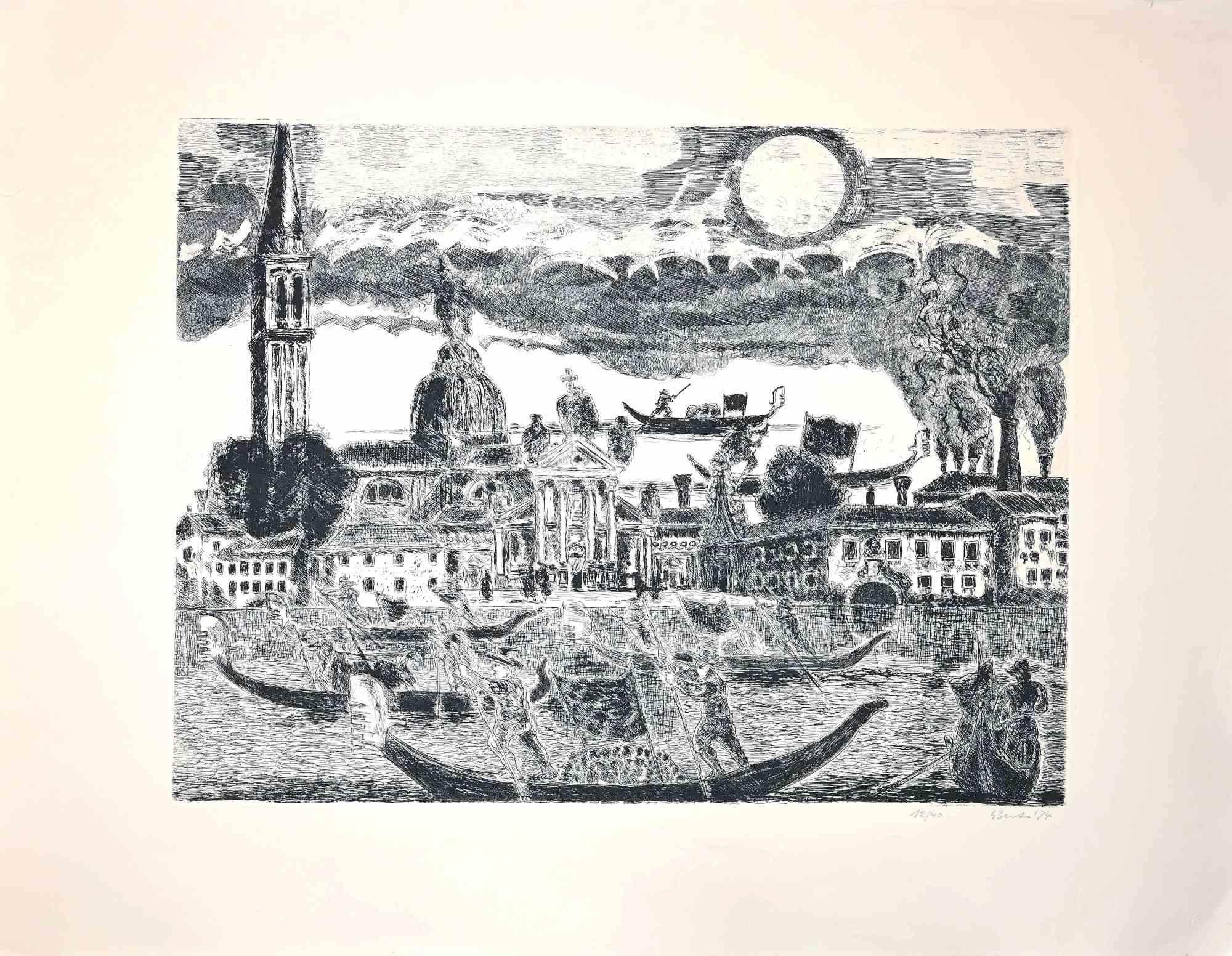 Gondoliers in Venice - Etching by Gianpaolo Berto - 1974