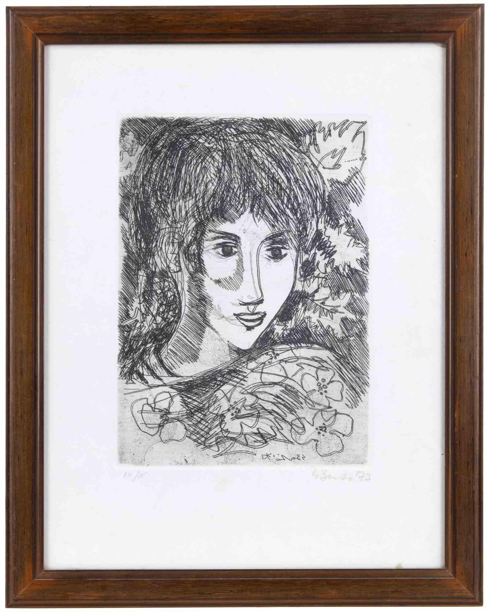 Retrato es una obra de arte moderno realizada por Gian Paolo Berto en 1973.

Grabado en blanco y negro.

Firmado a mano y fechado en el margen inferior.

Numerado en el margen inferior. Edición IX/X.