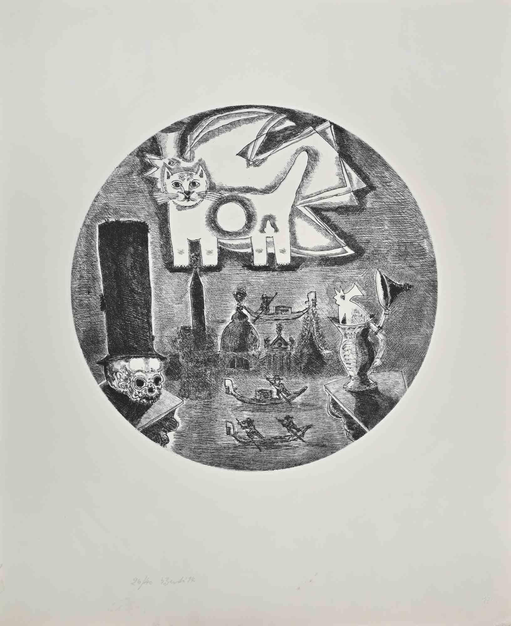 Figurative Print di Gianpaolo Berto - Incisione su carta raffigurante un gatto, contemporanea, firmata, tiratura 40, 1974