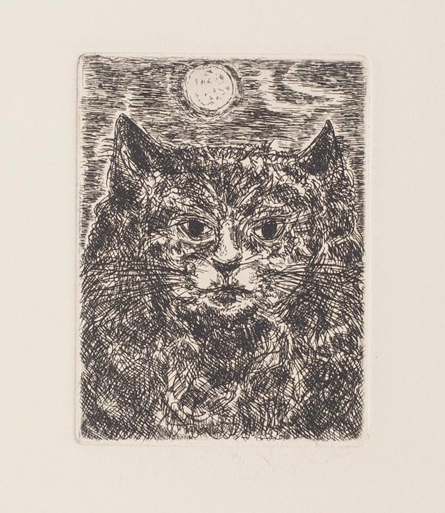 The Cat is an original etching on paper realized by Gian Paolo Berto in 1970s.

Good conditions.

The artwork represents a cat through perfect hatching. The artwork is depicted skillfully through confident strokes. with a beautiful full moon above