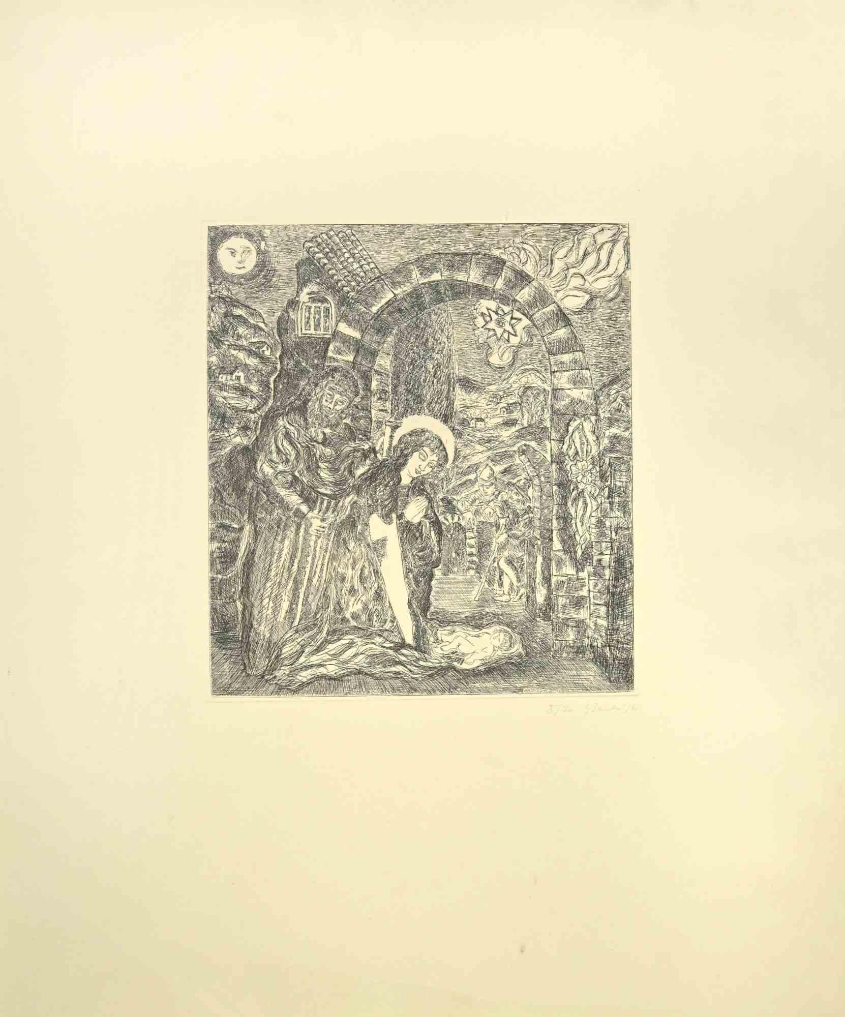 The Cave of Bethlehem is an etching on paper realized by  Gian Paolo Berto  in 1976.

Hand-signed and numbered, edition of 20 prints.

Good conditions with slight folding and foxing.

The artwork is depicted skillfully through confident strokes with