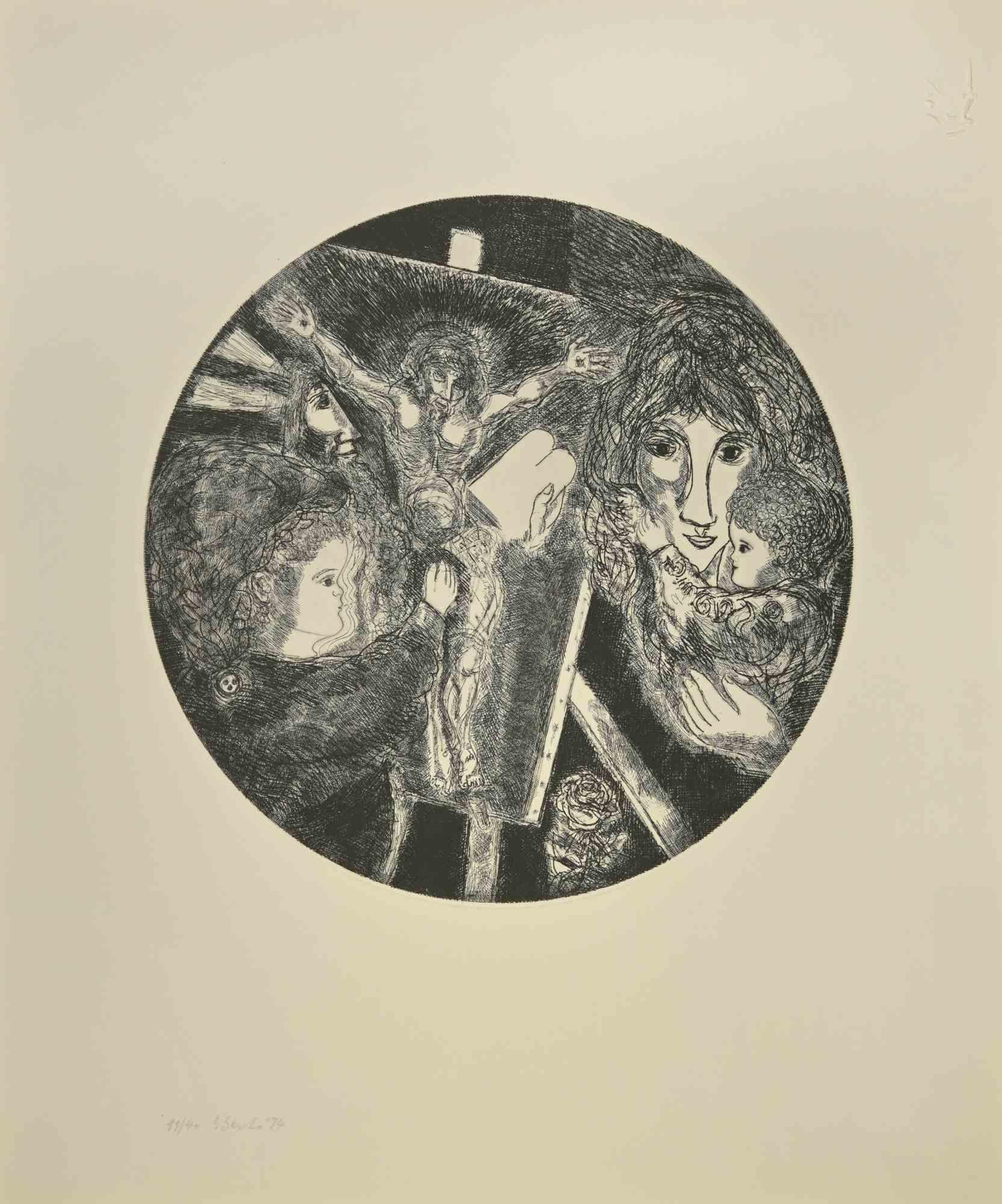 The Crucifixion is an etching and drypoint on paper realized by  Gian Paolo Berto in 1974.

Good conditions, except for light scratches at the top margins.

Hand-signed and numbered, edition of 40 prints.

The artwork represents  The Crucifixion. 