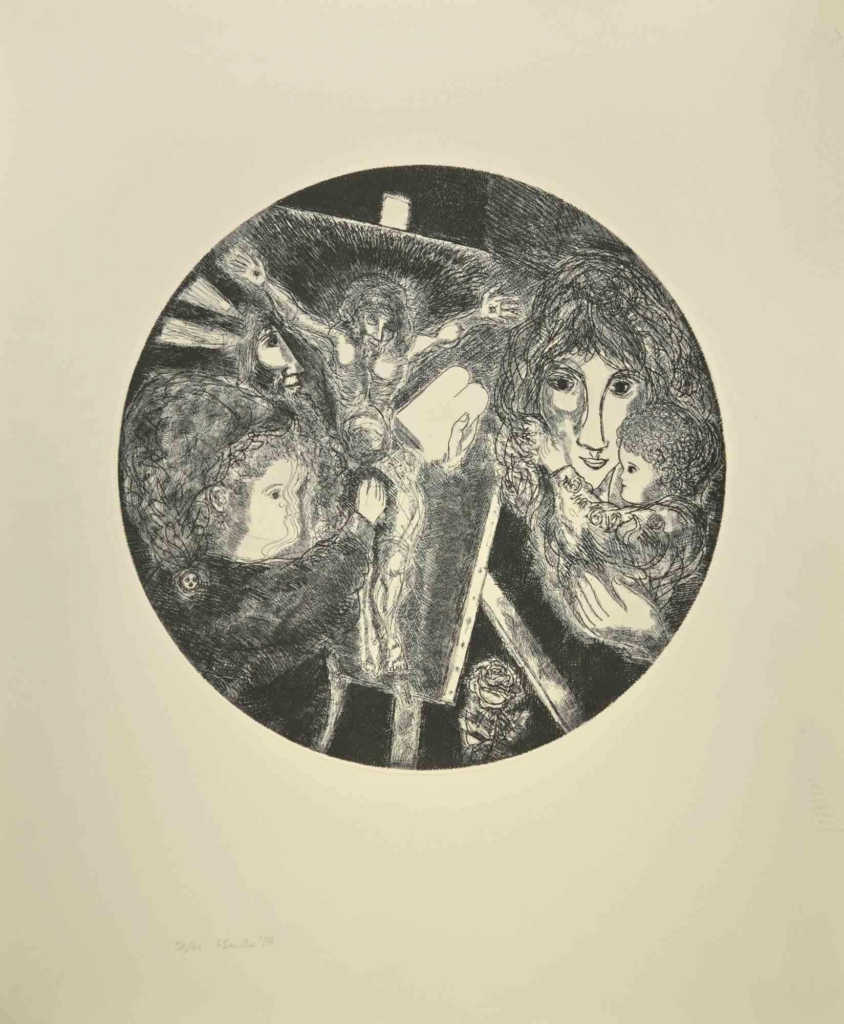 The Crucifixion is an etching and drypoint on paper realized by  Gian Paolo Berto in 1974.

Good conditions.

Hand-signed and numbered, edition of 40 prints.

The artwork represents  The Crucifixion.  The artwork is depicted skillfully through