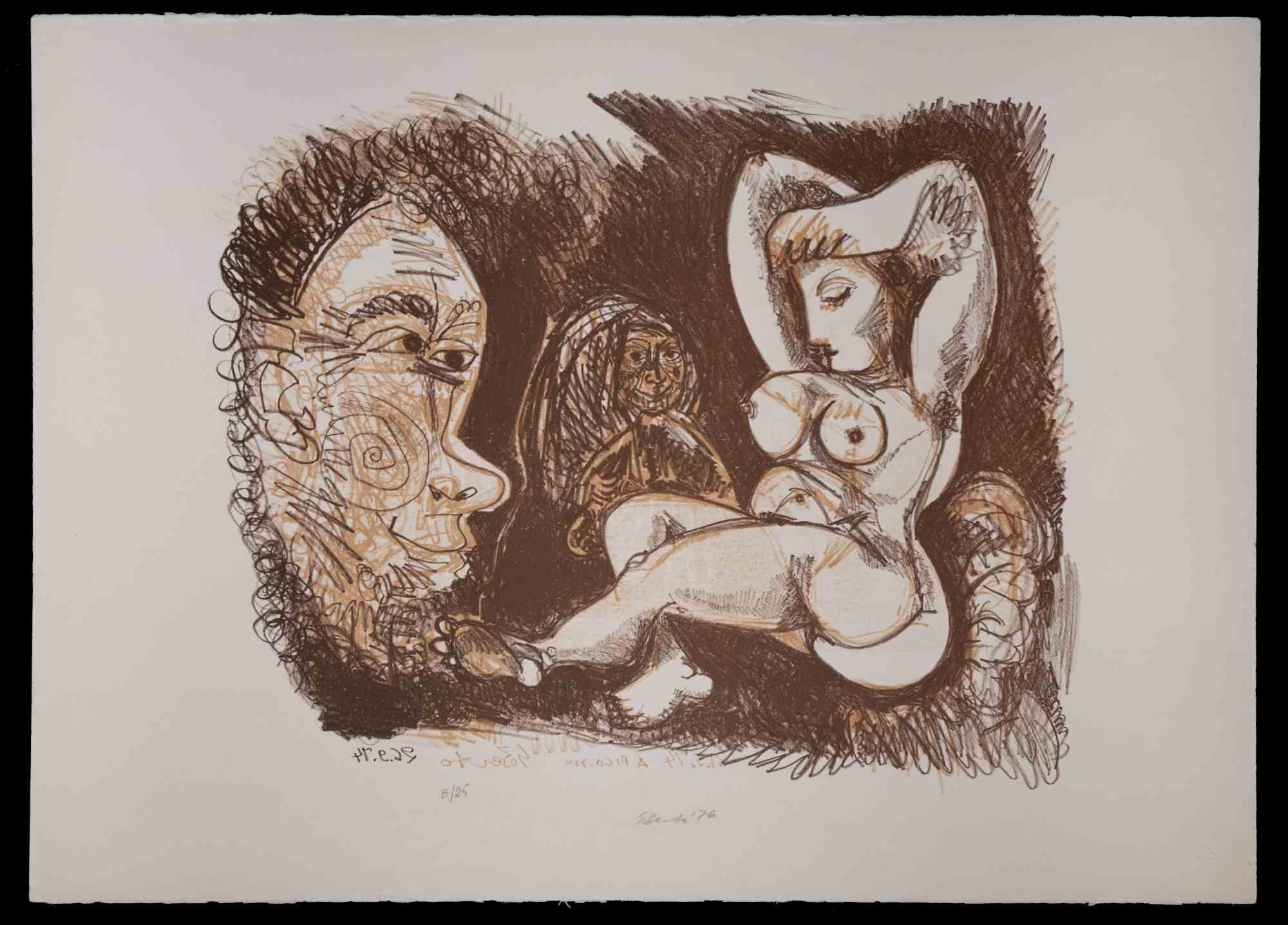 To Picasso is an original lithograph realized by Gian Paolo Berto, in 1974.

Hand-signed and dated on the lower right margin. Numbered on the lower right margin. Edition of 25.

The artwork represents a tribute to Picasso through strong strokes