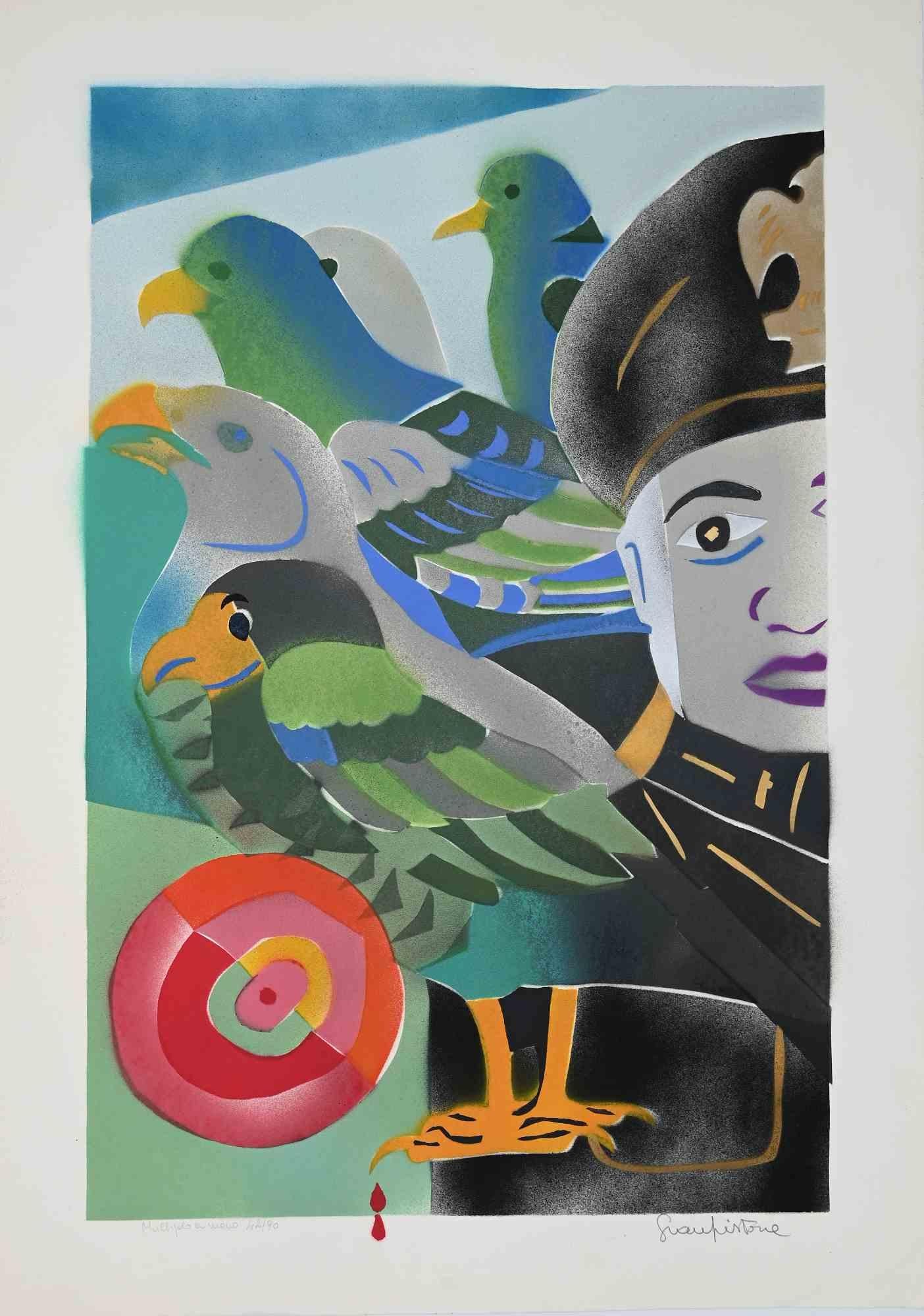 The General and the Birds is a beautiful colored screen print retouched by hand realized by Gianpistone in the 1970s.

Hand-signed in pencil on the lower right margin. Numbered on the lower left. Edition of 42/90.

On the lower center, "autentico,