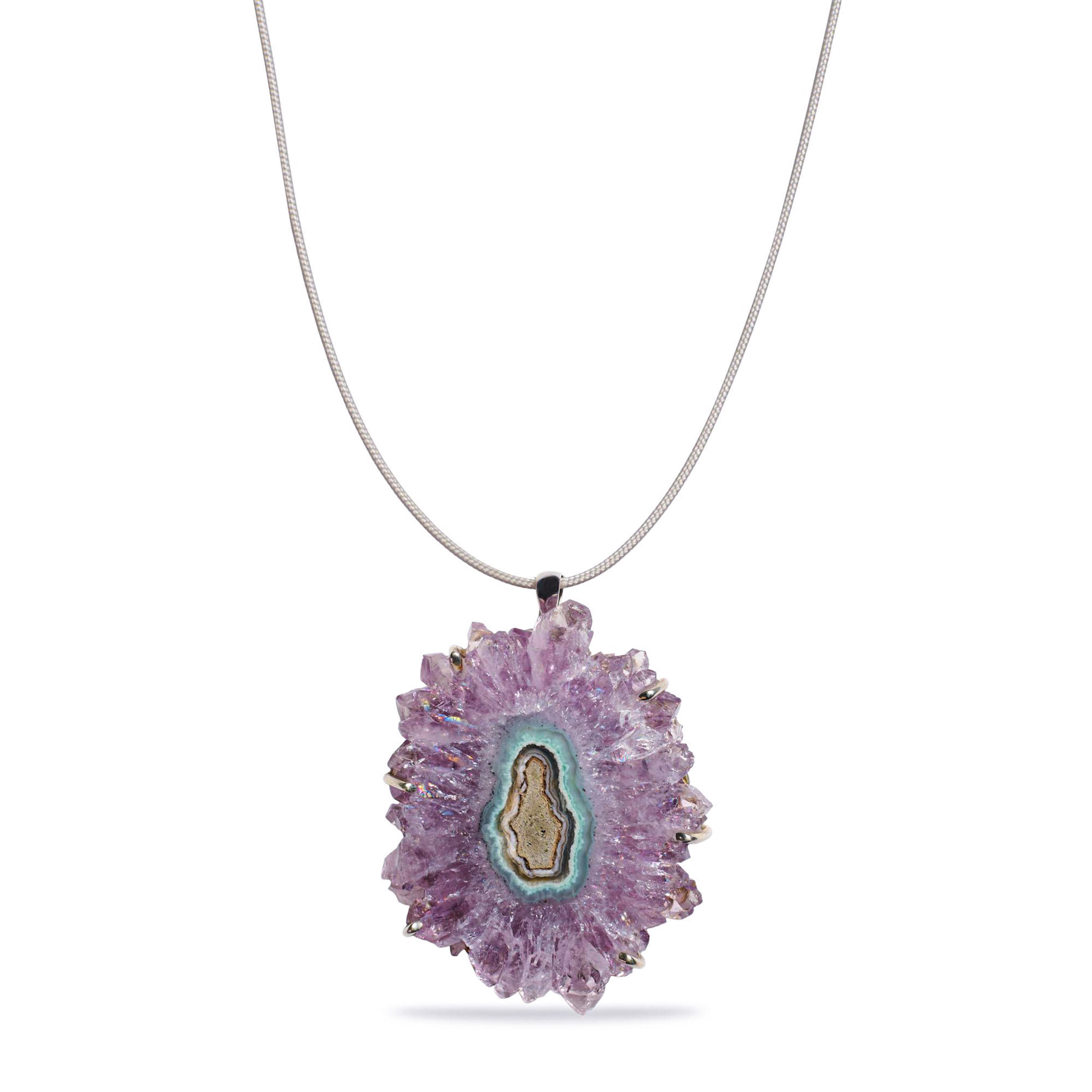 Modernist Giant 120 Carat Amethyst Stalactite Charm White Gold Necklace For Sale