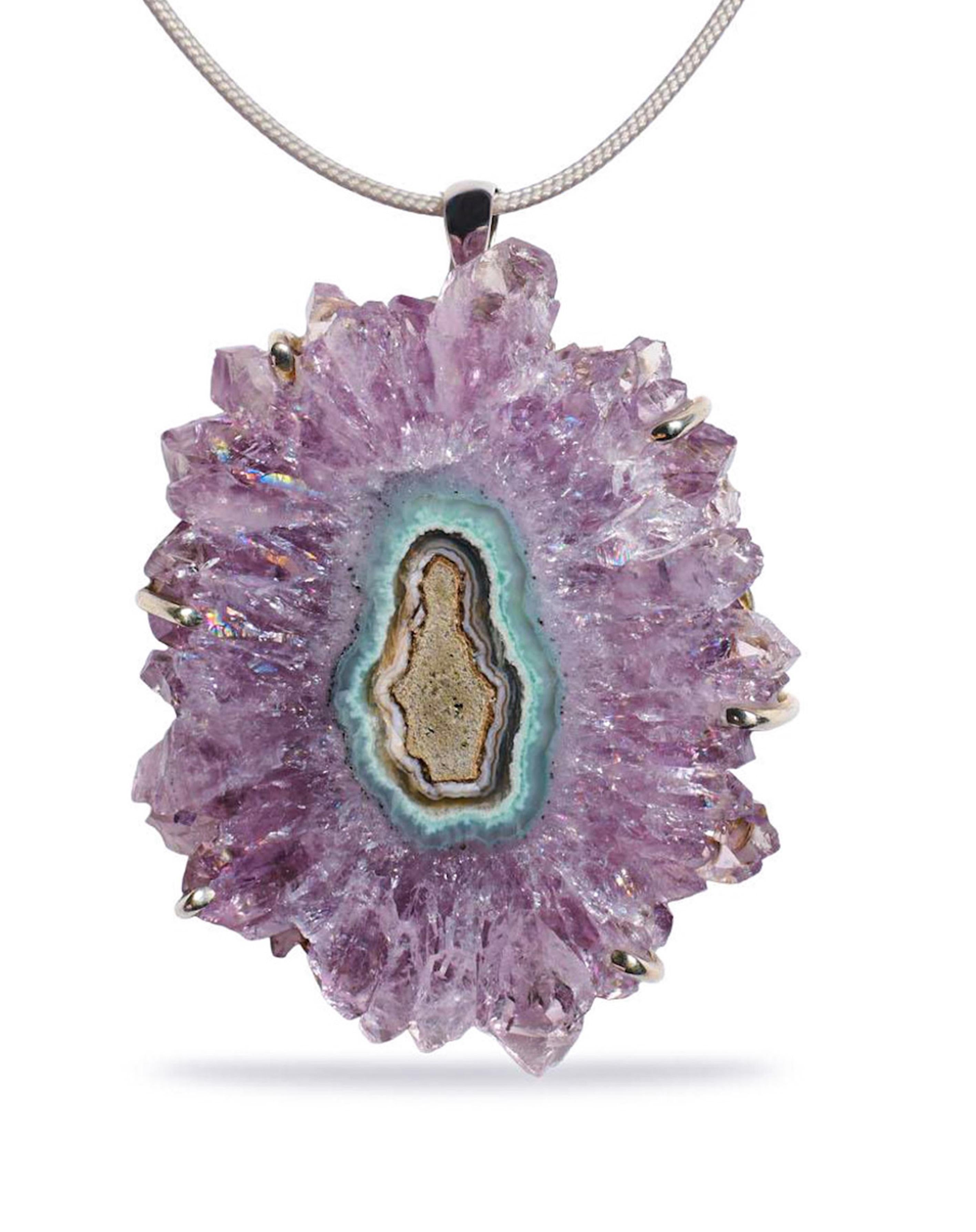 Uncut Giant 120 Carat Amethyst Stalactite Charm White Gold Necklace For Sale