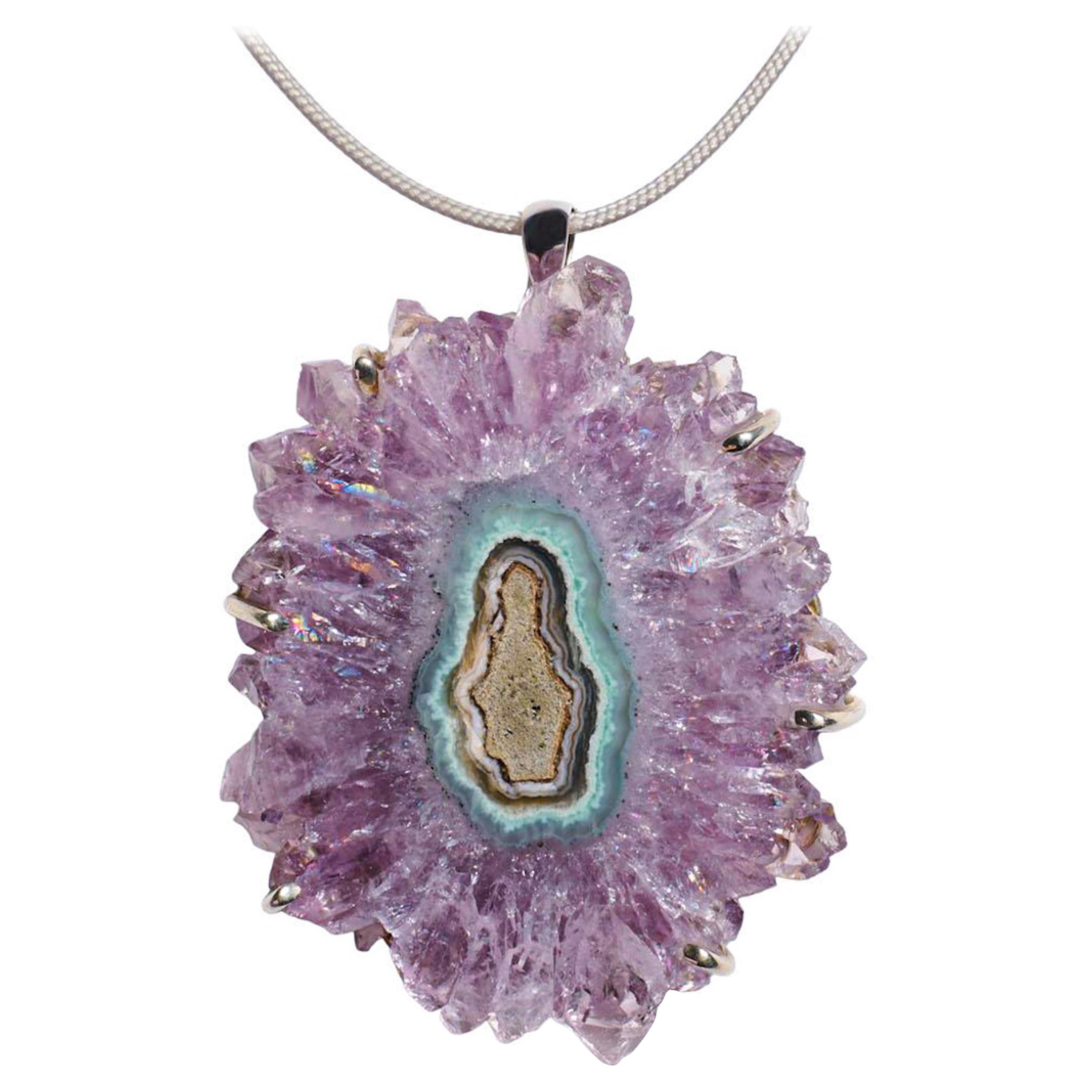 Giant 120 Carat Amethyst Stalactite Charm White Gold Necklace For Sale