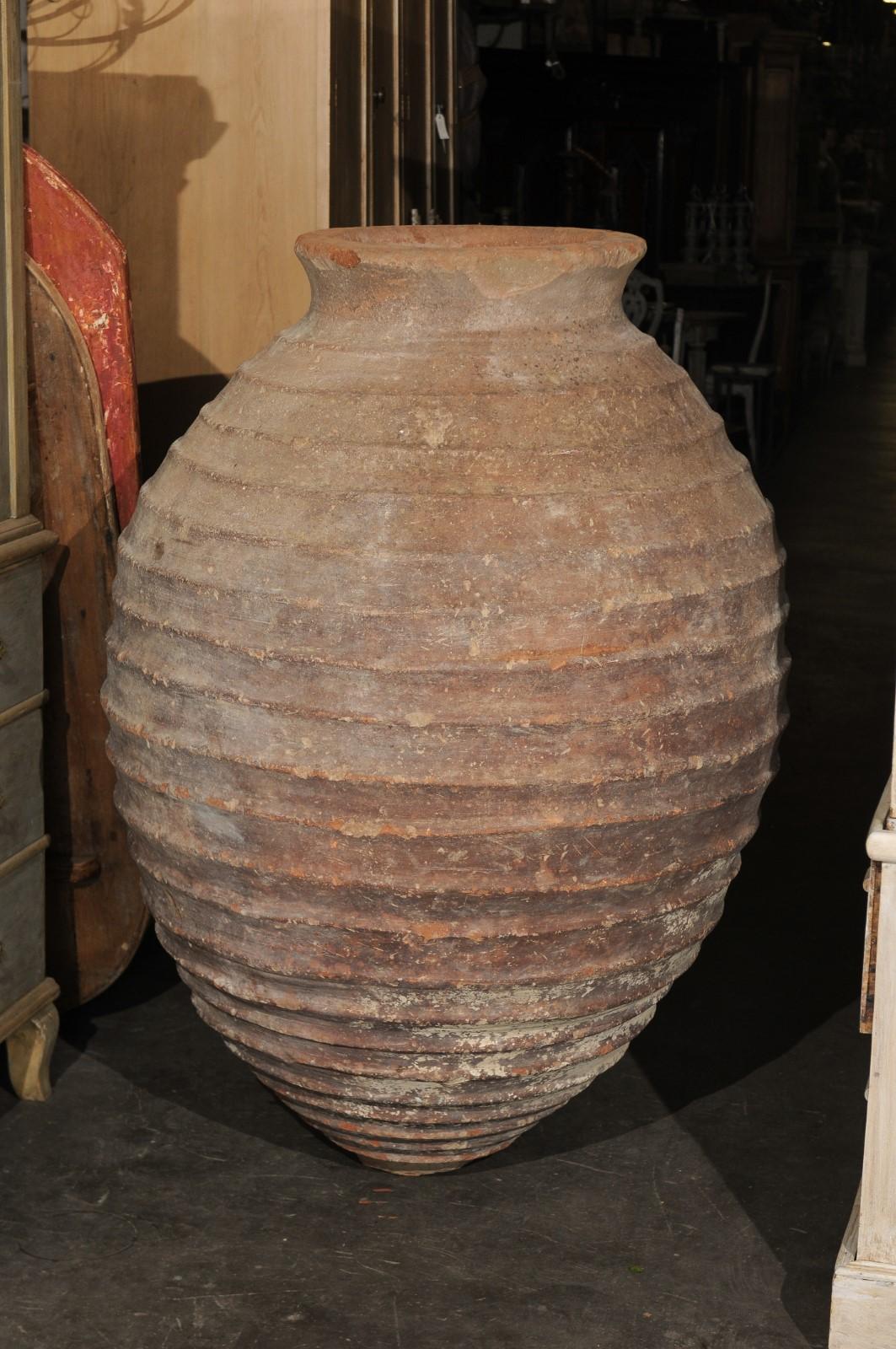17th Century (or older) Turkish Terracotta Olive Jar w/Ribbed Texture, 5 ft Tall For Sale 1