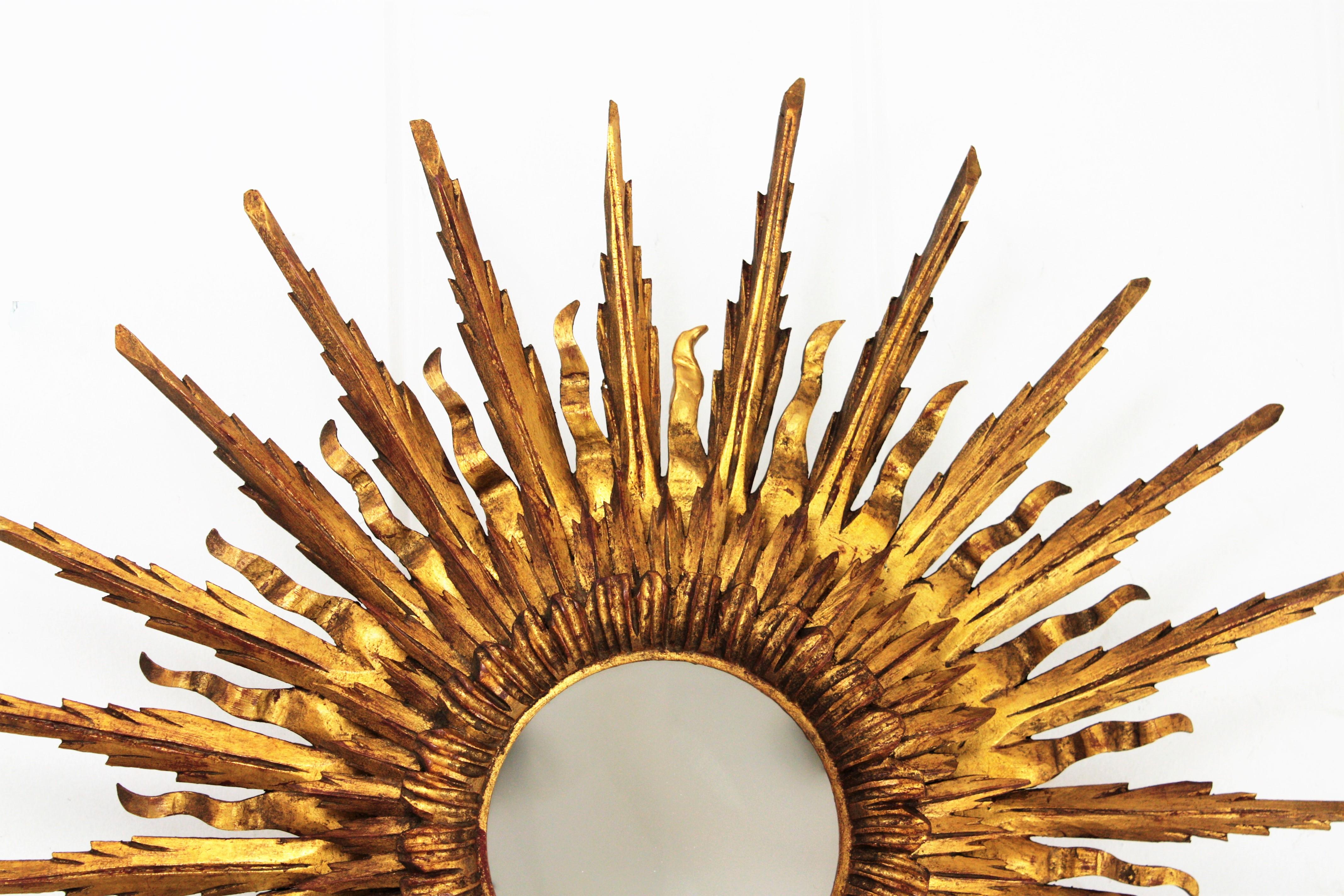 Giant 1930s Baroque Gold Leaf Giltwood Sunburst Ceiling Light Fixture or Mirror 2