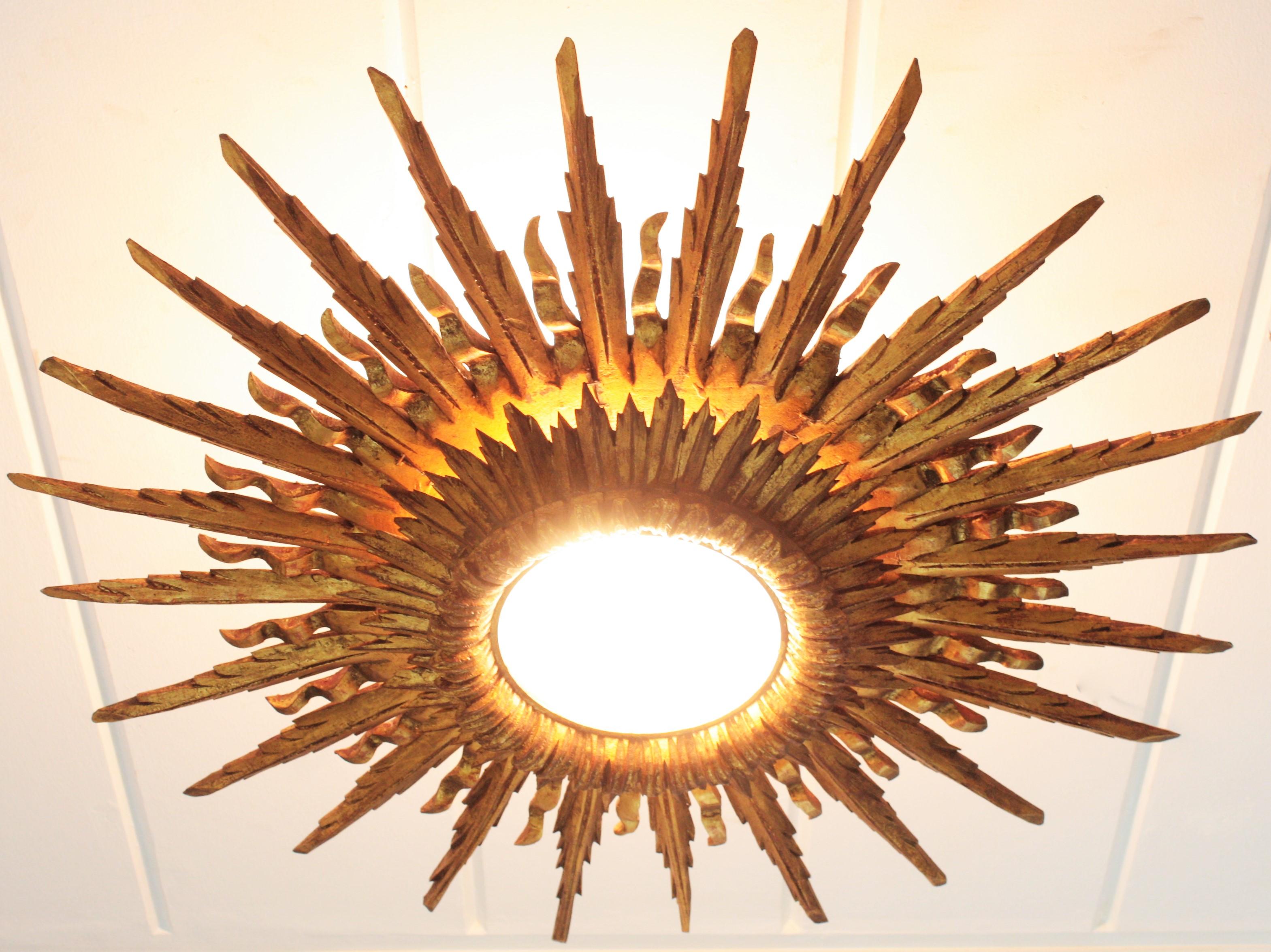 Giant 1930s Baroque Gold Leaf Giltwood Sunburst Ceiling Light Fixture or Mirror 4