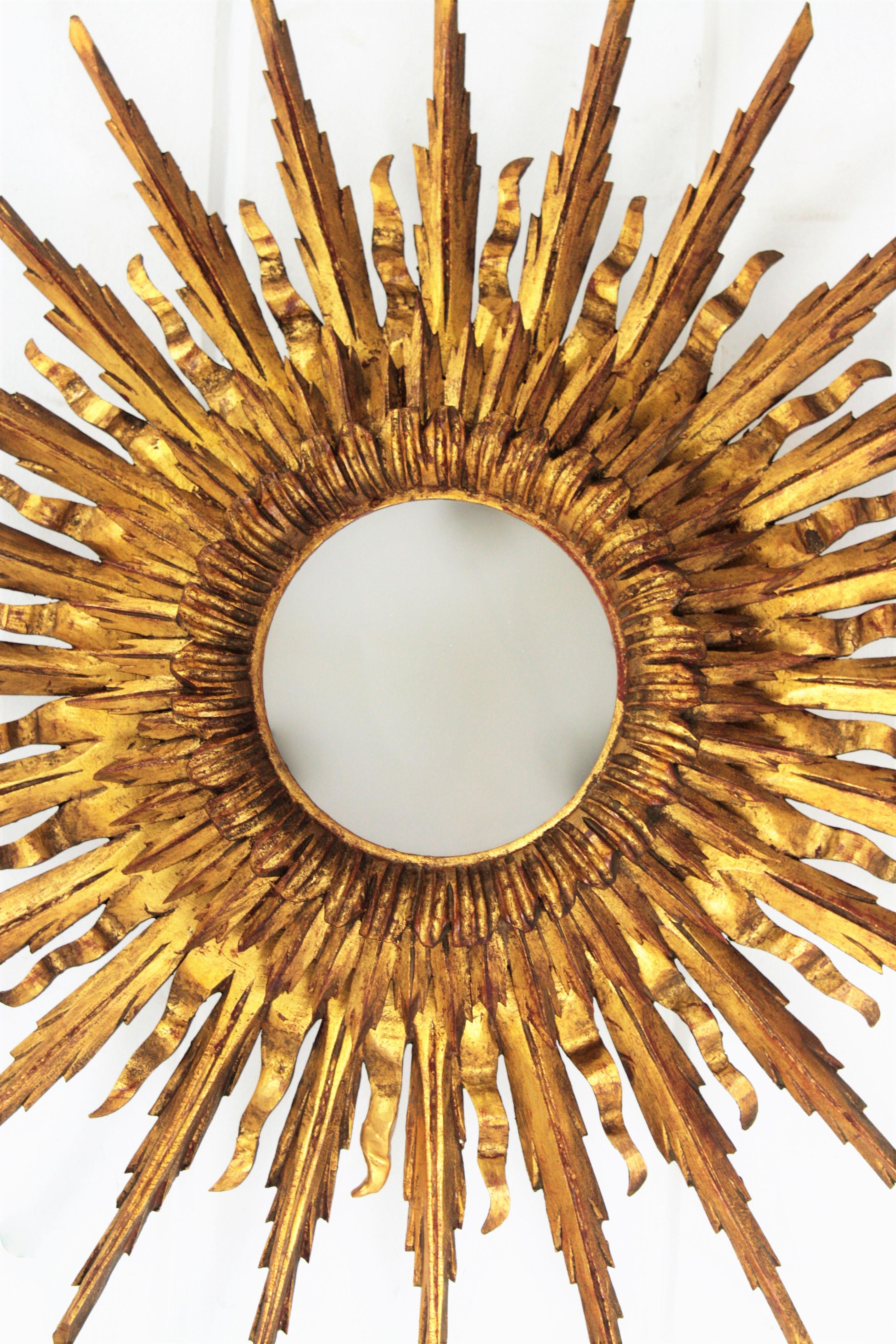 Spanish Giant 1930s Baroque Gold Leaf Giltwood Sunburst Ceiling Light Fixture or Mirror