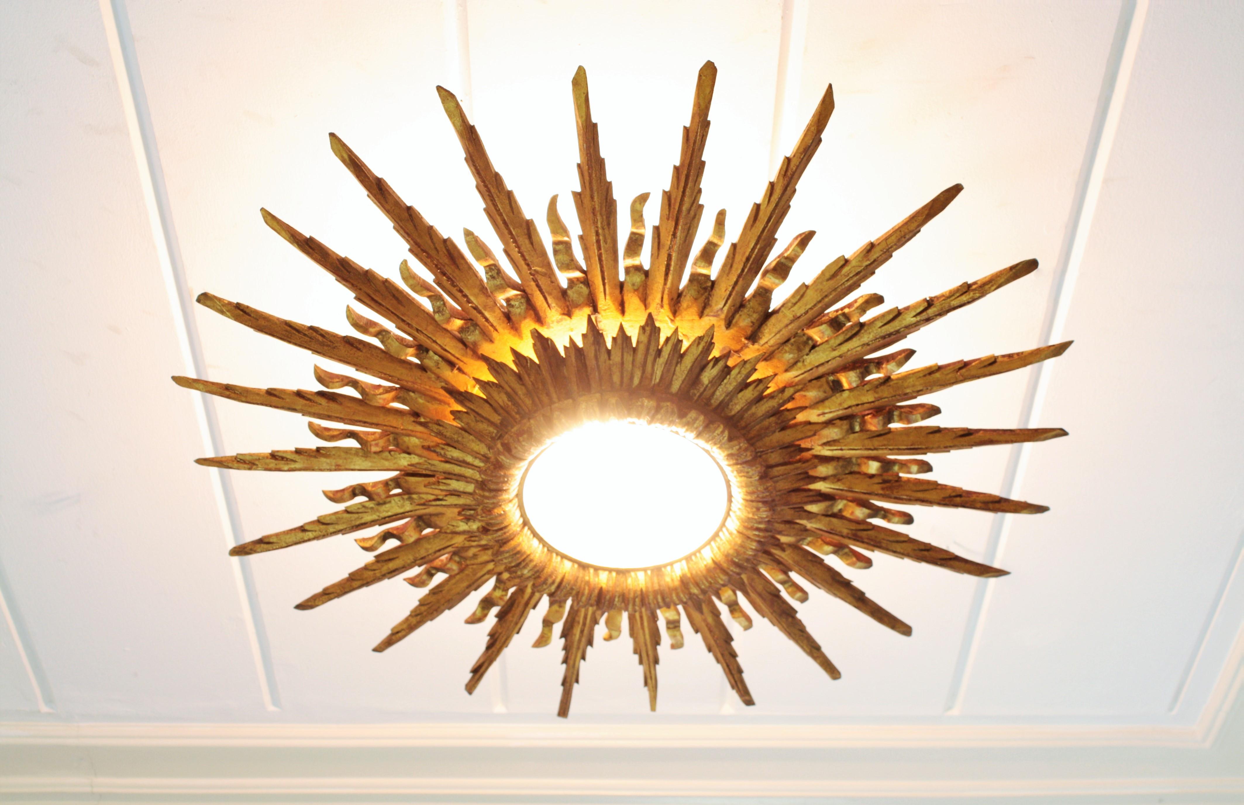 Giant 1930s Baroque Gold Leaf Giltwood Sunburst Ceiling Light Fixture or Mirror 1