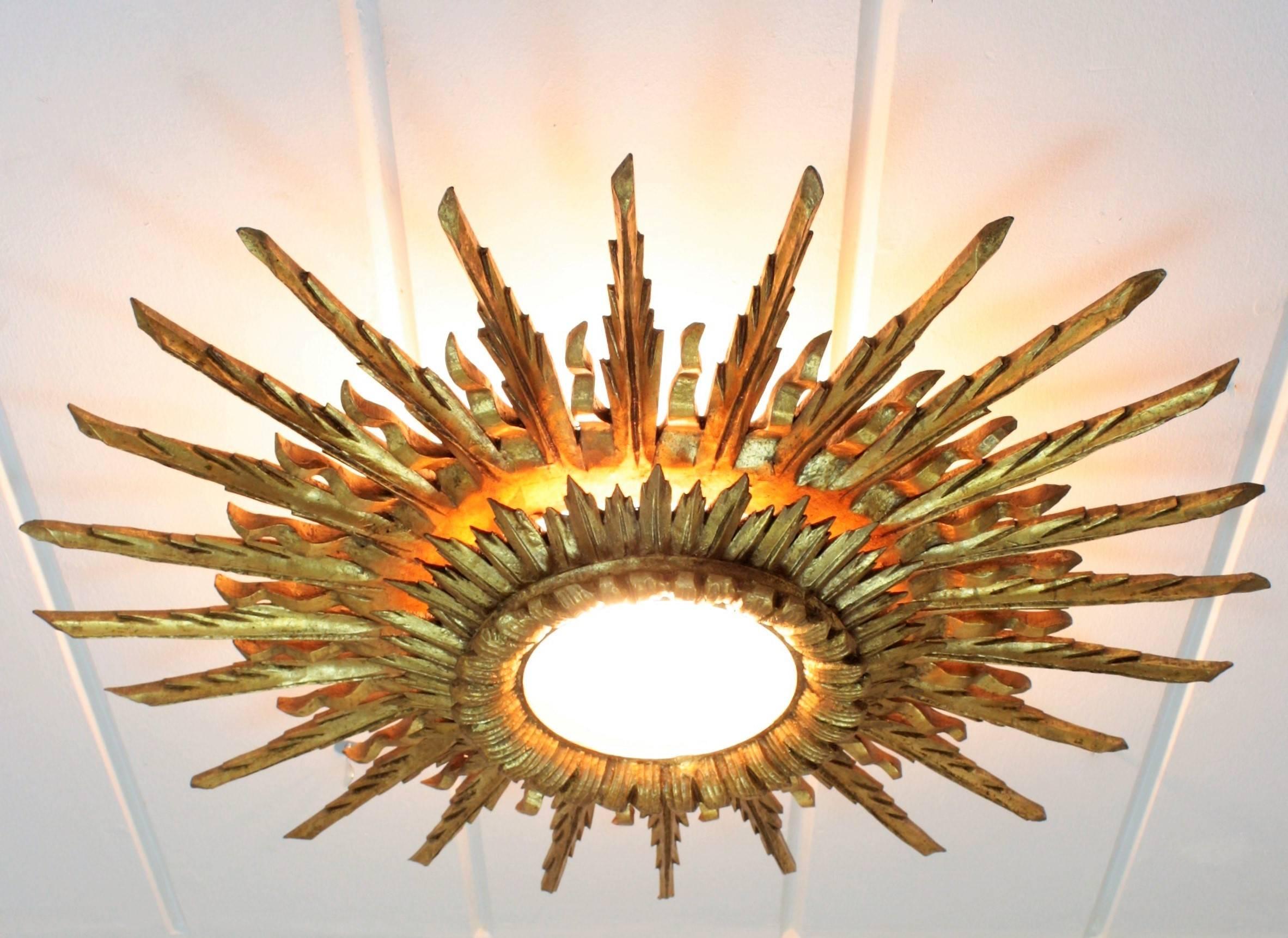 Giant 1940s Baroque Gold Leaf Giltwood Sunburst Ceiling Light Fixture or Mirror 5