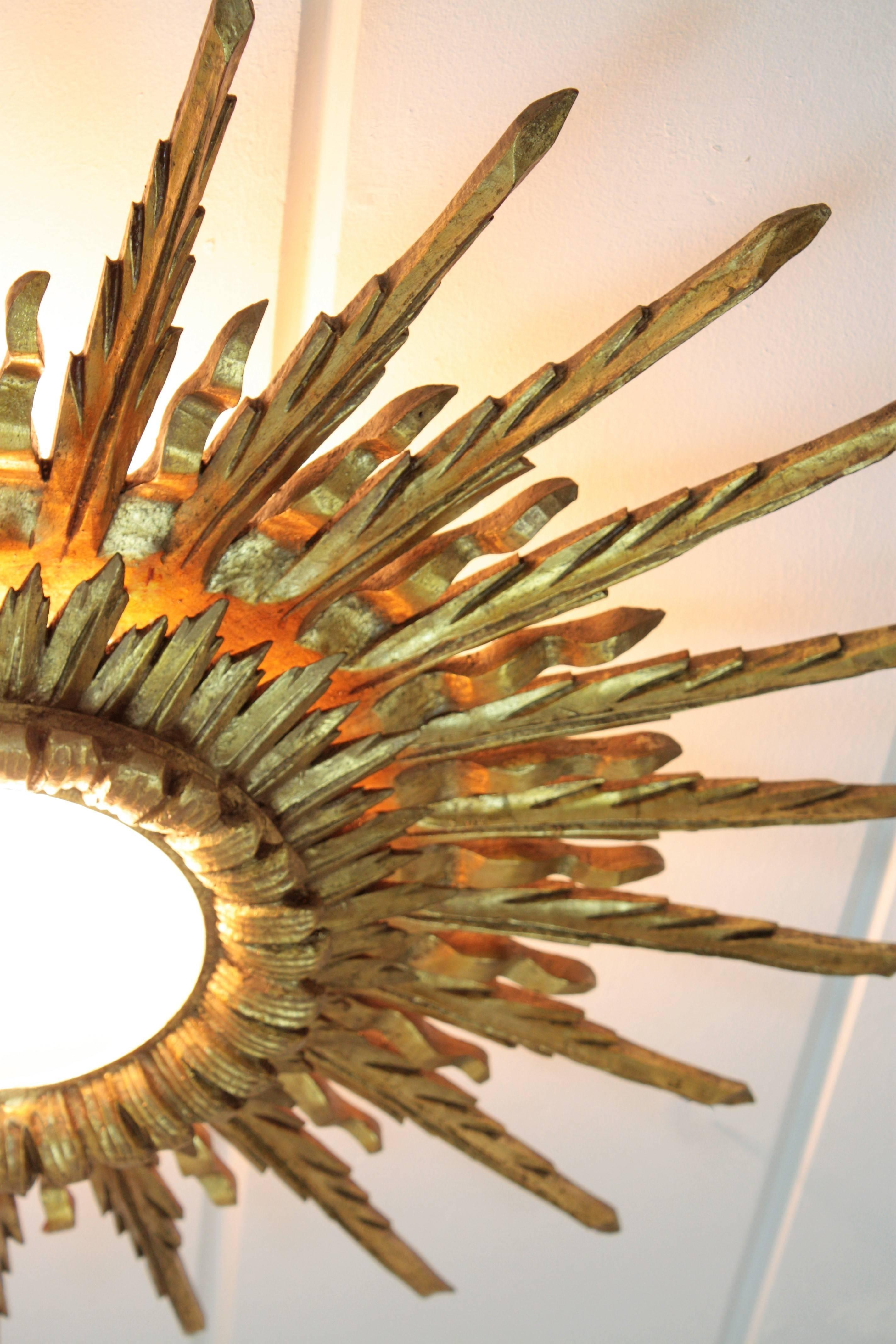 Giant 1940s Baroque Gold Leaf Giltwood Sunburst Ceiling Light Fixture or Mirror 7