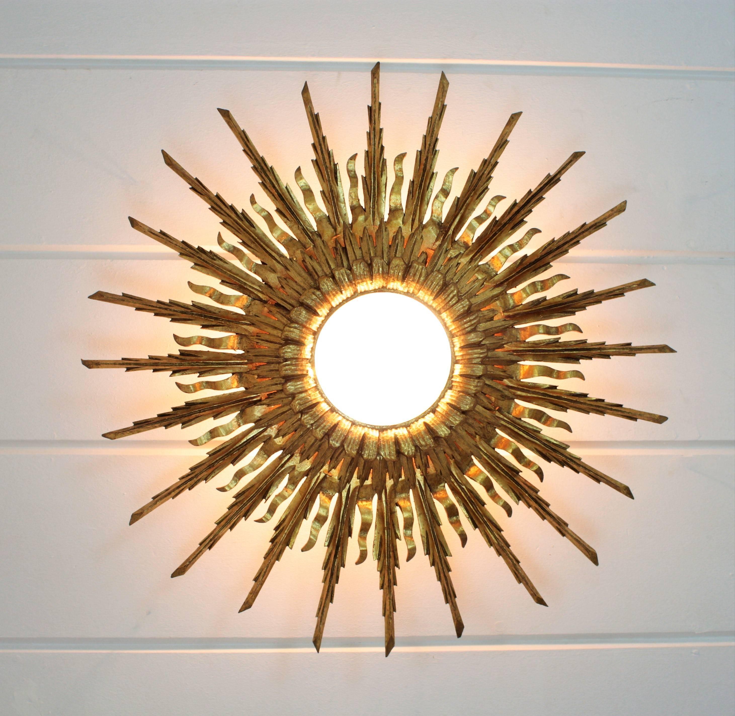 Giant 1940s Baroque Gold Leaf Giltwood Sunburst Ceiling Light Fixture or Mirror 8