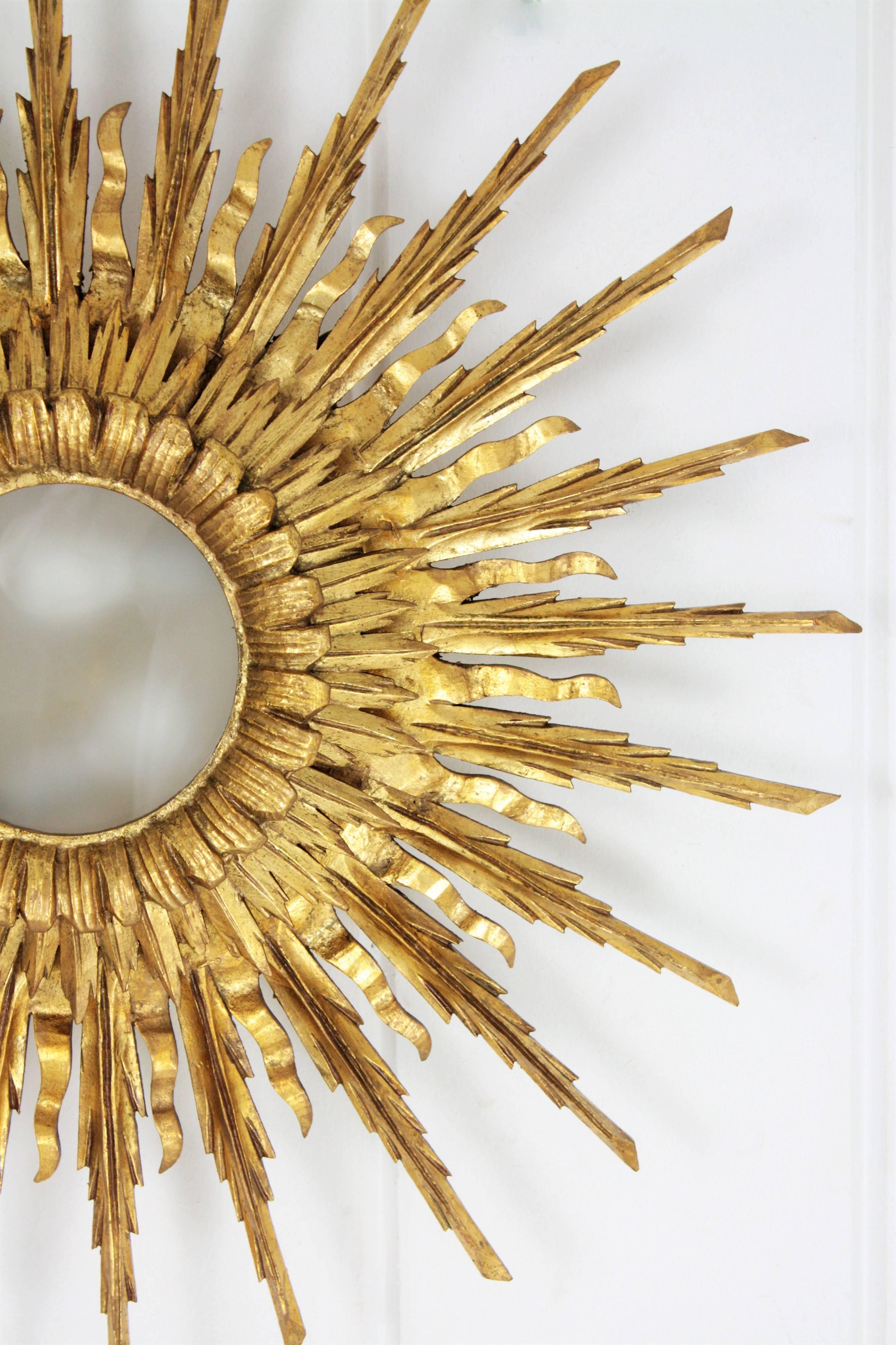 Giant 1940s Baroque Gold Leaf Giltwood Sunburst Ceiling Light Fixture or Mirror 9