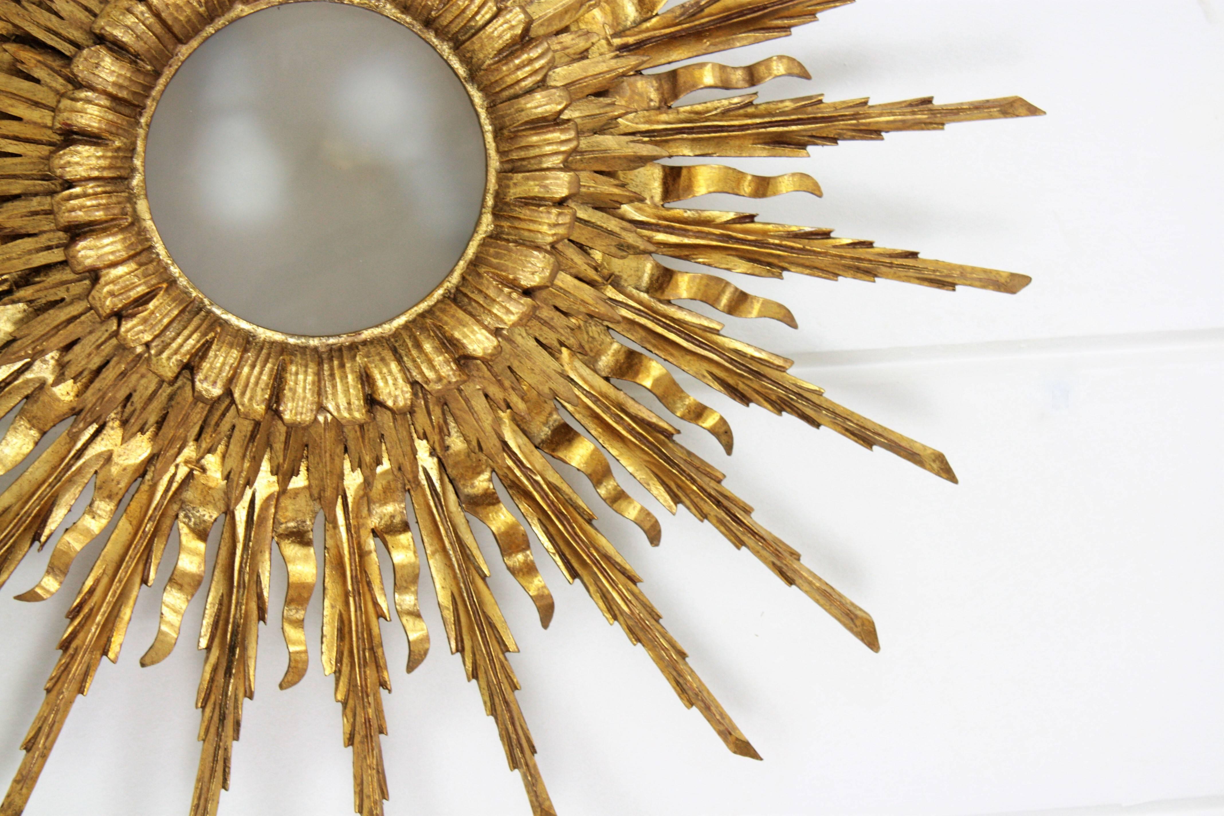 Giant 1940s Baroque Gold Leaf Giltwood Sunburst Ceiling Light Fixture or Mirror 10