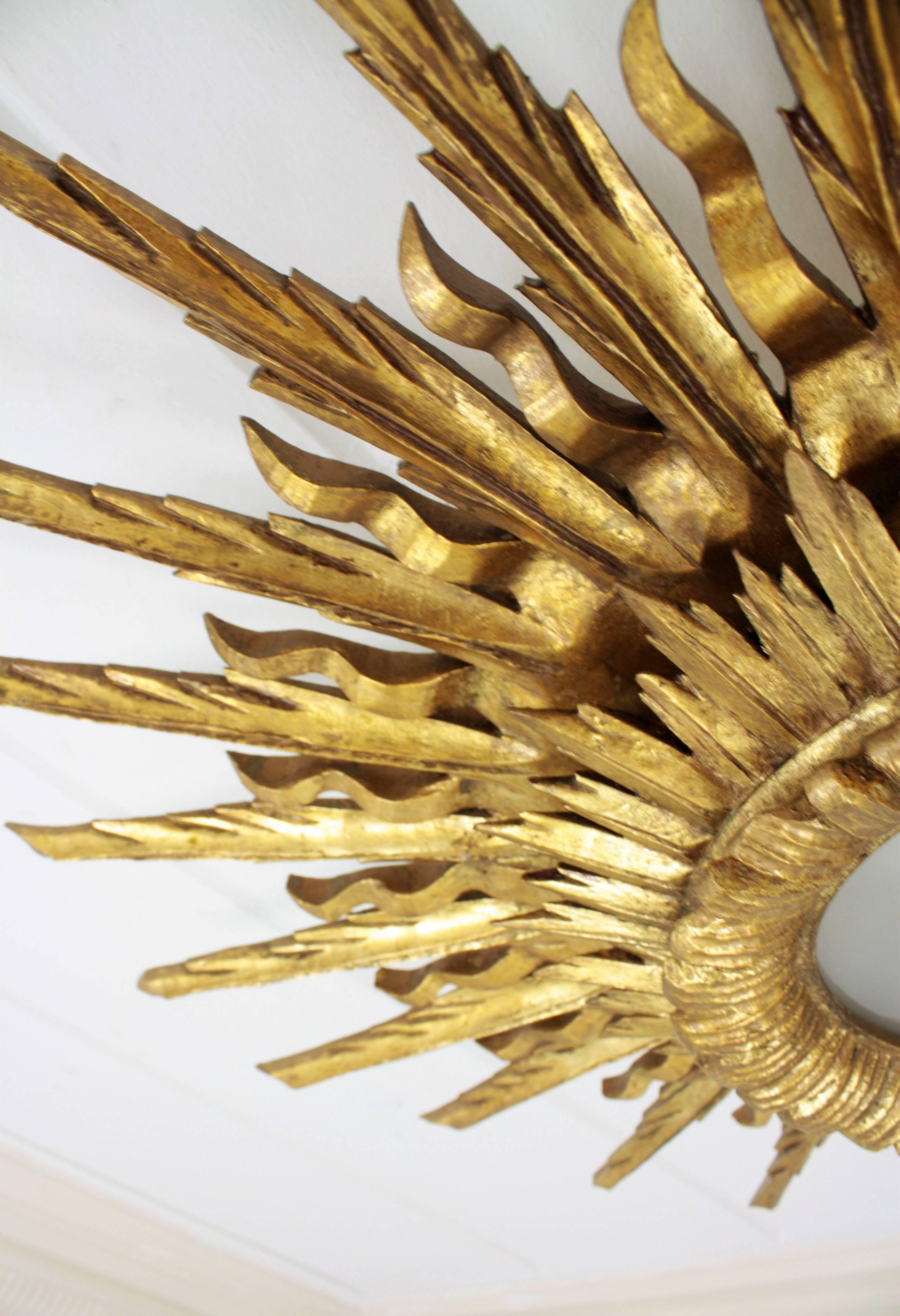 Giant 1940s Baroque Gold Leaf Giltwood Sunburst Ceiling Light Fixture or Mirror 11