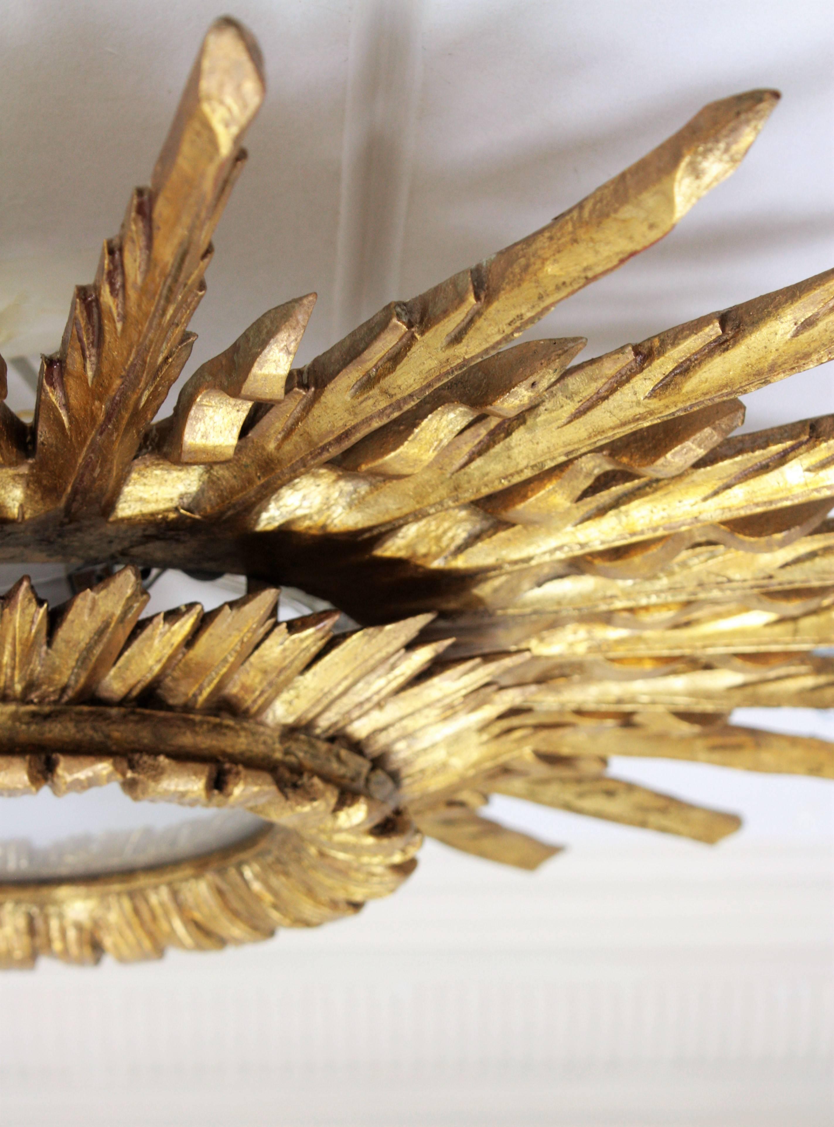 Giant 1940s Baroque Gold Leaf Giltwood Sunburst Ceiling Light Fixture or Mirror 12