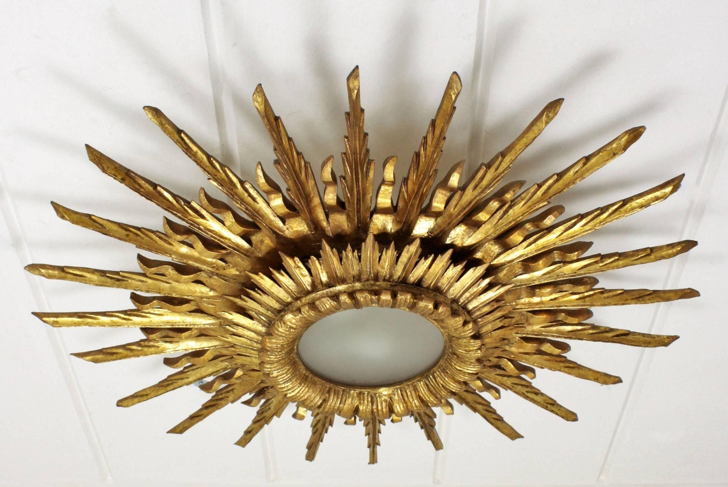 Giant 1940s Baroque Gold Leaf Giltwood Sunburst Ceiling Light Fixture or Mirror 1