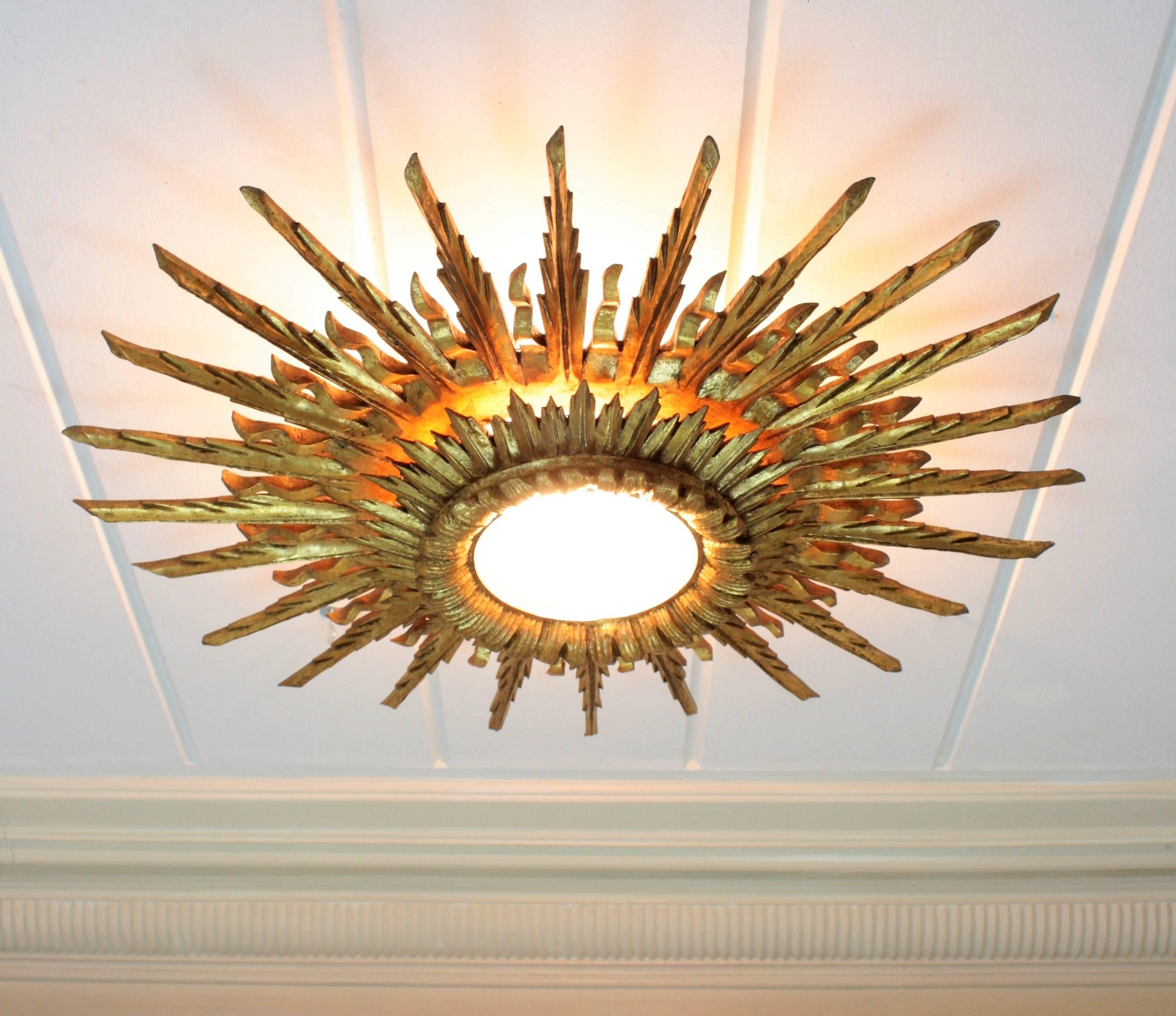 Giant 1940s Baroque Gold Leaf Giltwood Sunburst Ceiling Light Fixture or Mirror 2