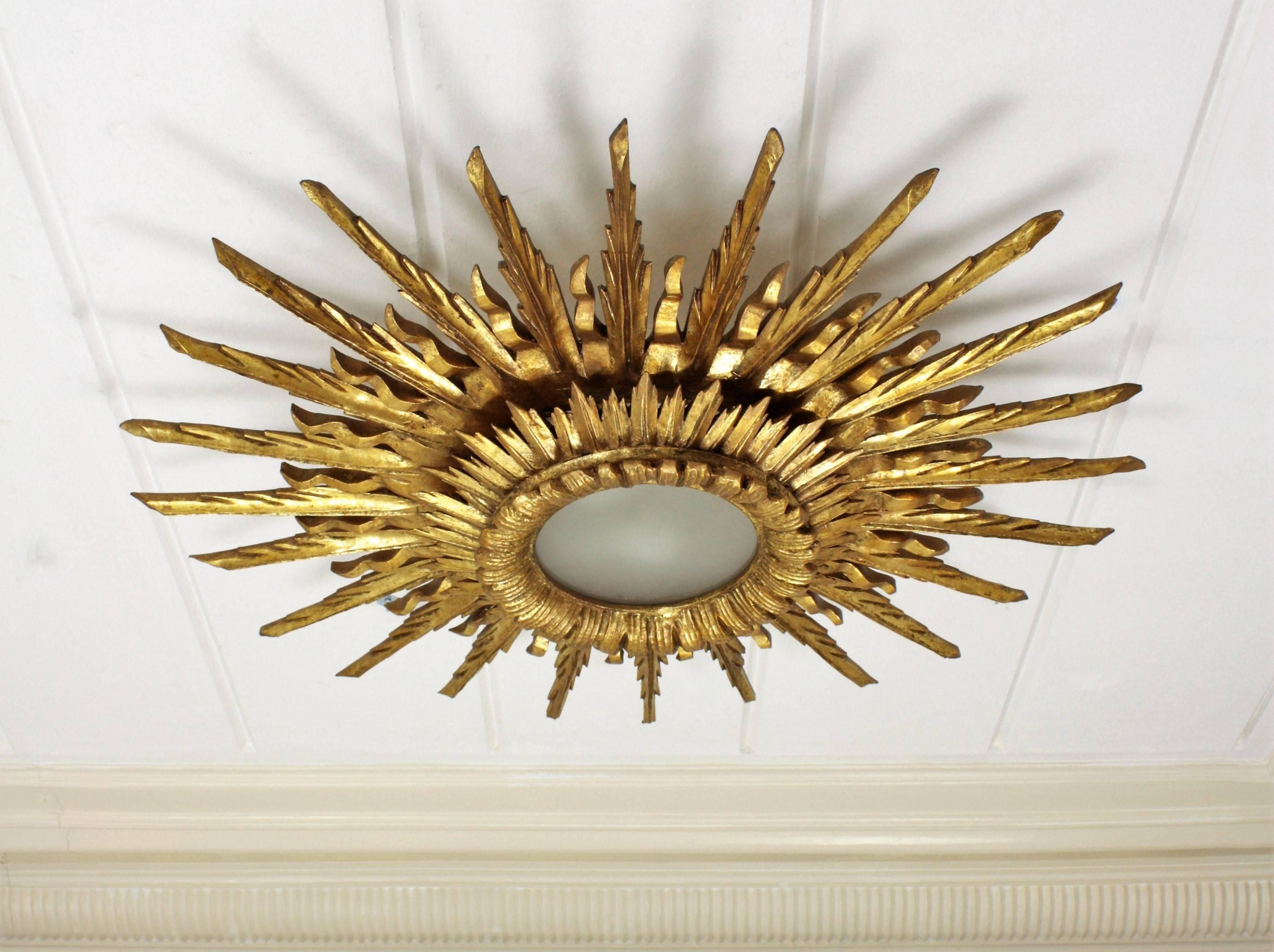 Giant 1940s Baroque Gold Leaf Giltwood Sunburst Ceiling Light Fixture or Mirror 4