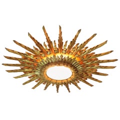 Giant 1940s Baroque Gold Leaf Giltwood Sunburst Ceiling Light Fixture or Mirror