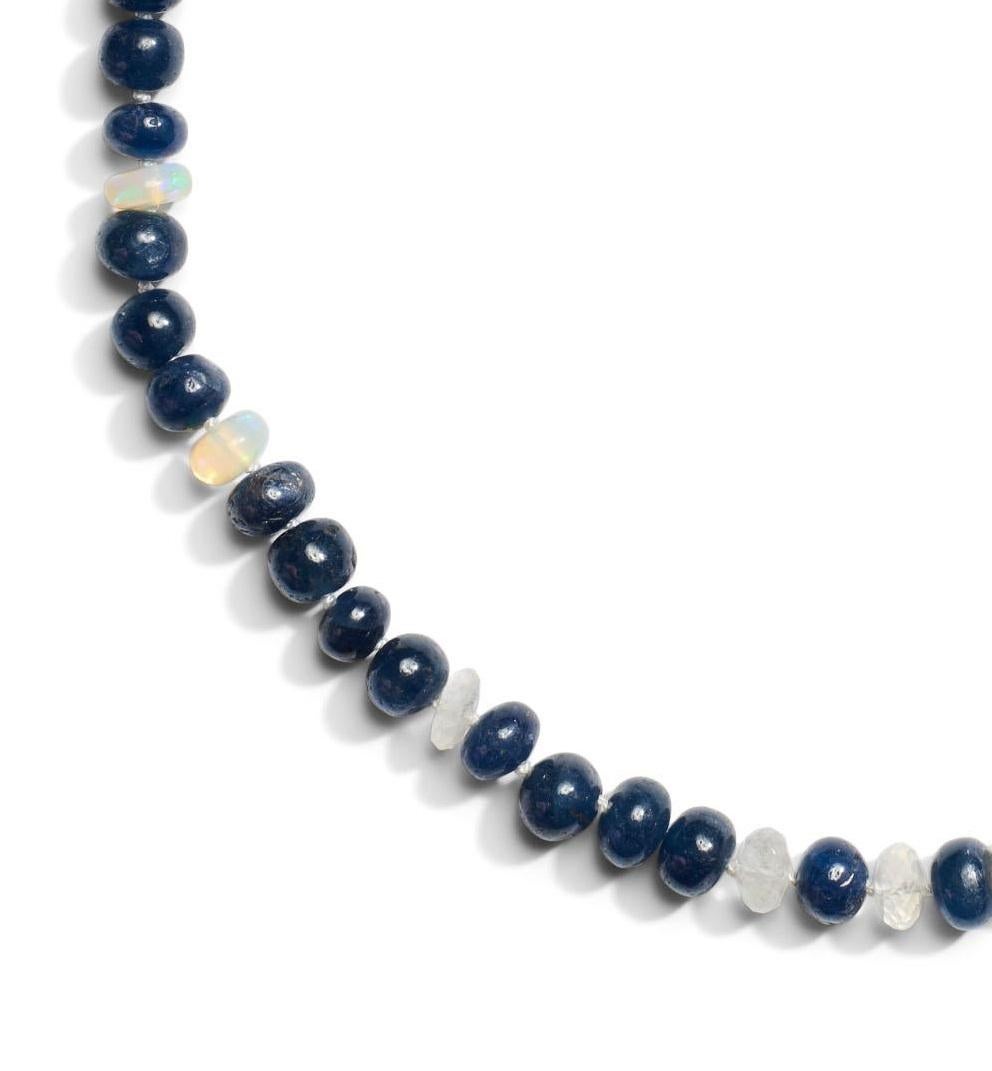 Modern Giant 195 Carat Ethiopian Opal and Sapphire Beaded Necklace in Yellow Gold For Sale