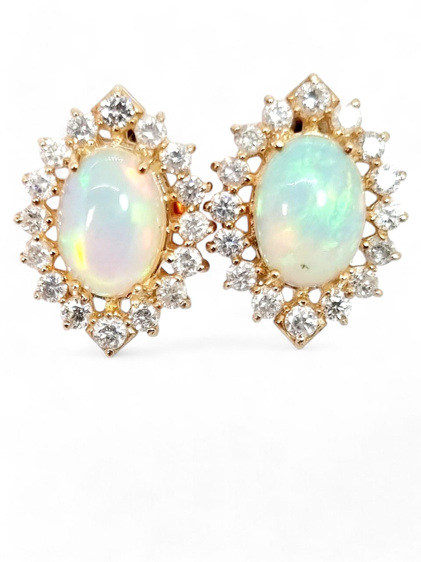 Contemporary Giant 6.8ct Genuine Opal & Diamond Marquise Cluster Stud Earrings