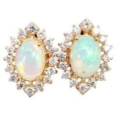 Giant 6.8ct Genuine Opal & Diamond Marquise Cluster Stud Earrings