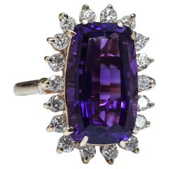 Giant African Amethyst Diamond Cocktail 14K Gold Halo Ring Fancy Cushion cut