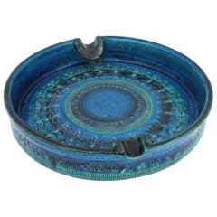 Giant Aldo Londi Bitossi Rimini Blu Glazed Ceramic Circular Ashtray, Italy 1950s