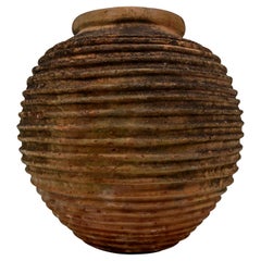 Giant Antique Terracotta Ribbed Olive Jar with Dark Lichen Patination, France