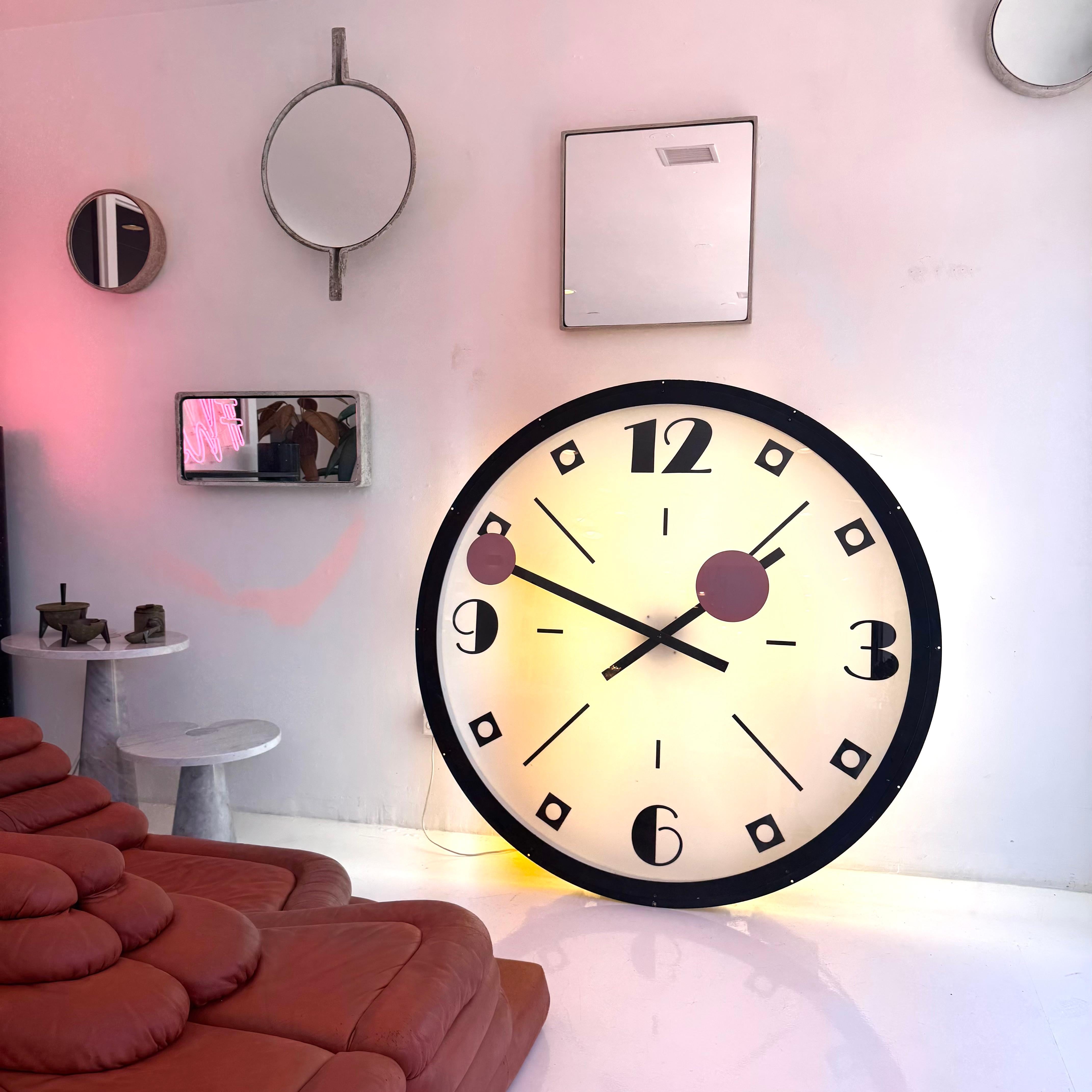 You will always know what time it is with this gigantic clock standing over 5.5 feet in height. Taken down from an Art-Deco bank building in New York, circa 1940s. Extremely well preserved. Original glass and keeps perfect time. Black minute and