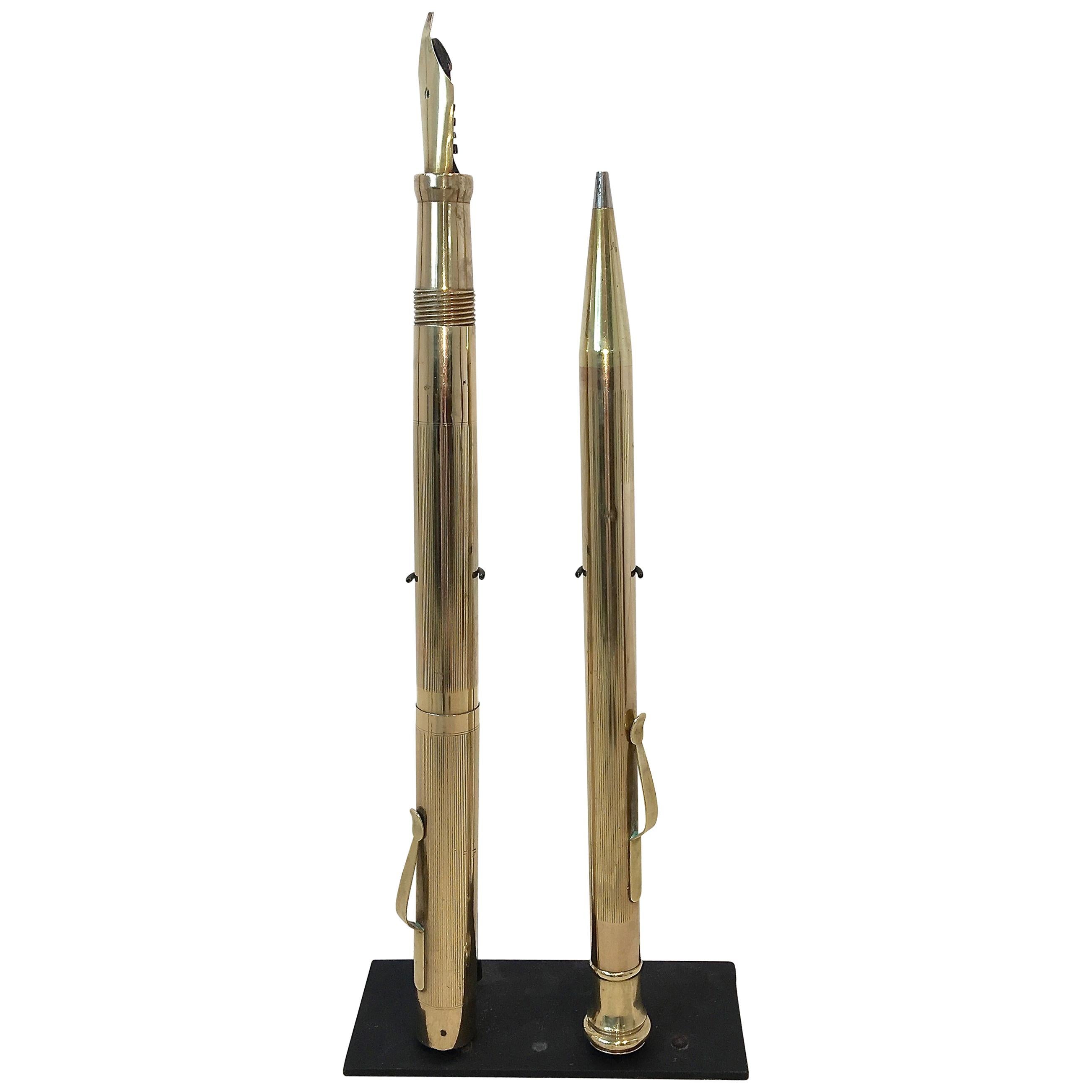 Giant Art Deco Brass Fountain Pen and Mechanical Pencil Display Models