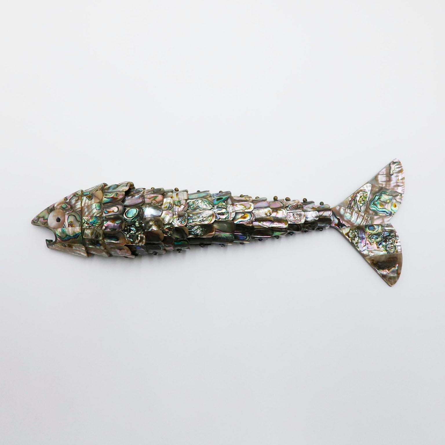 Mid-Century Modern Giant Articulated Mexican Abalone and Brass Bottle Opener by Los Castillo