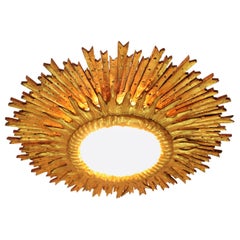 Vintage Giant Baroque Giltwood Sunburst Ceiling Light Fixture or Mirror, Spain, 1940s