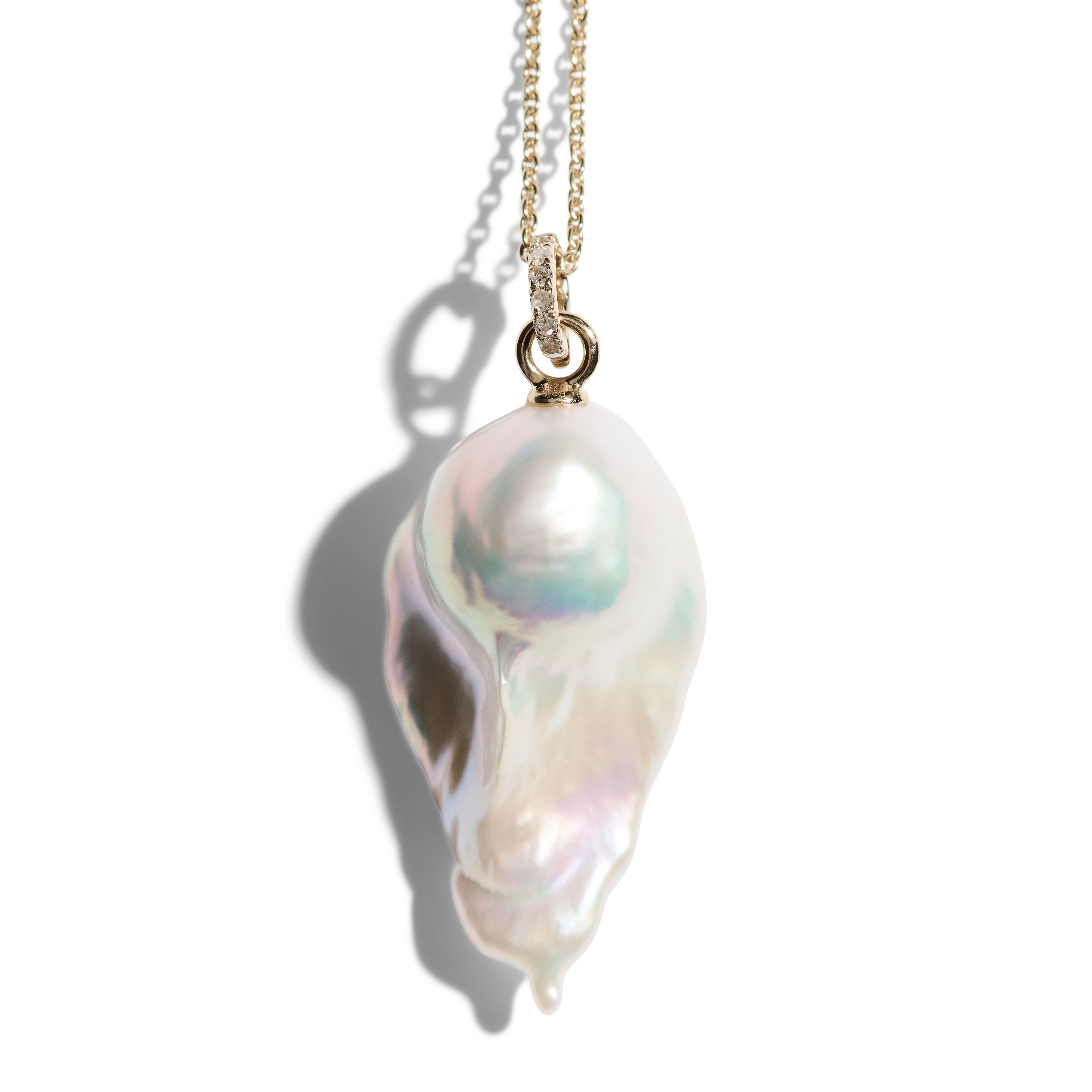 Baroque Flame Pearl Pendant in 18K Gold with Diamonds For Sale