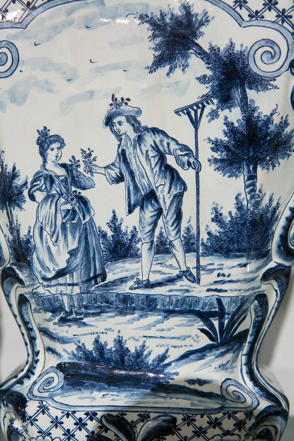 Dutch Giant Blue and White Delft Garniture Five Piece with Romantic Scenes circa 1880