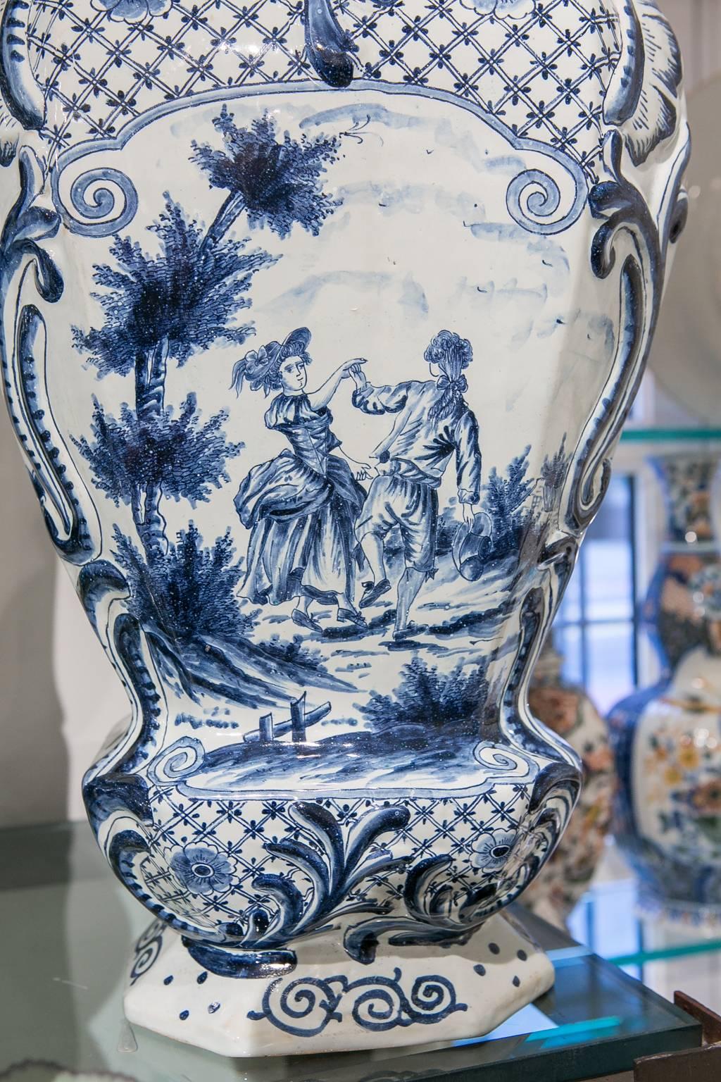 Giant Blue and White Delft Garniture Five Piece with Romantic Scenes circa 1880 In Excellent Condition In Katonah, NY