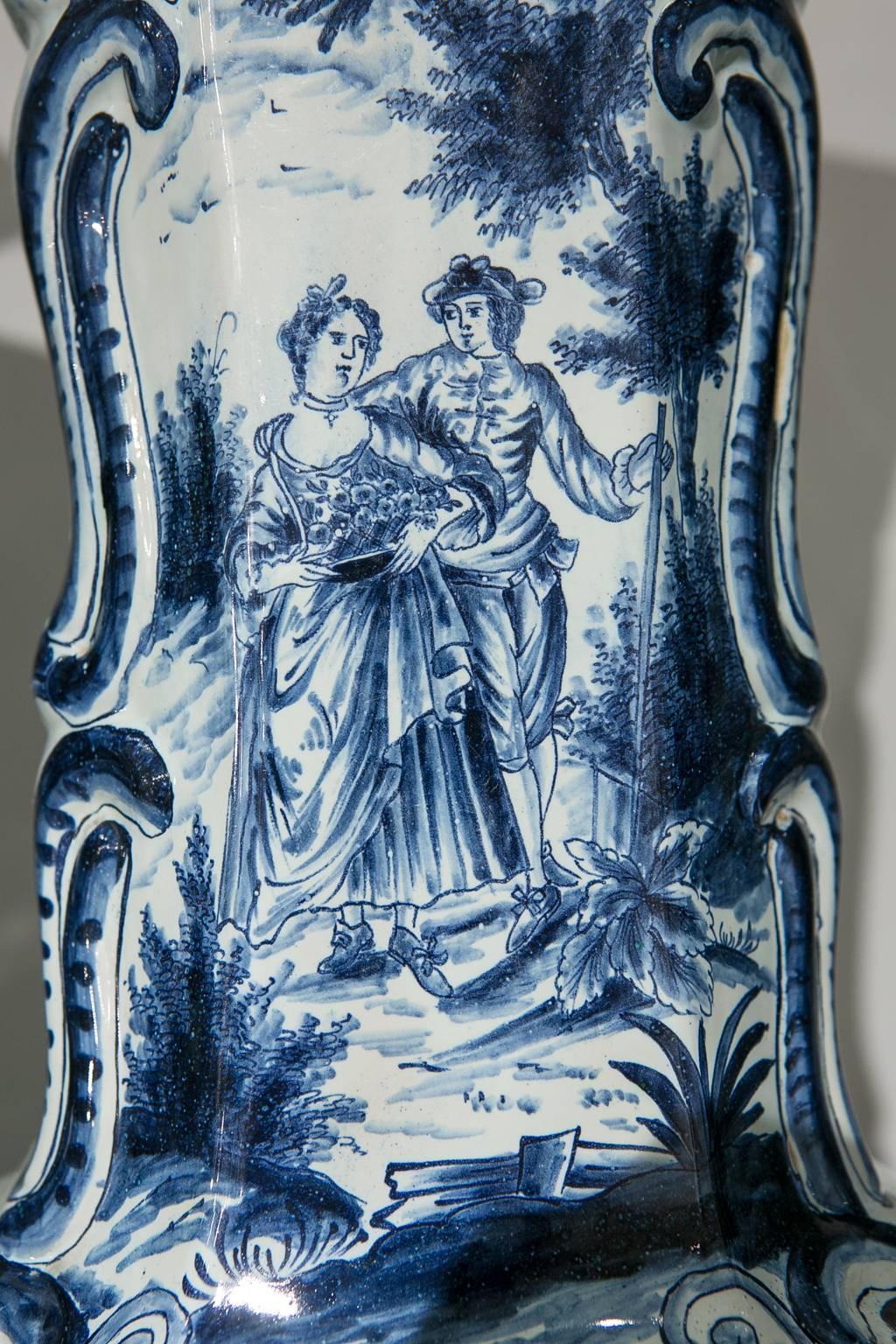 Giant Blue and White Delft Garniture Five Piece with Romantic Scenes circa 1880 1