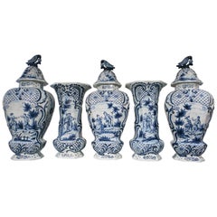 Giant Blue and White Delft Garniture Five Piece with Romantic Scenes circa 1880