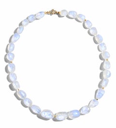 Giant Blue Flash Rainbow Moonstone 18K Yellow Gold Diamond Nugget Necklace
