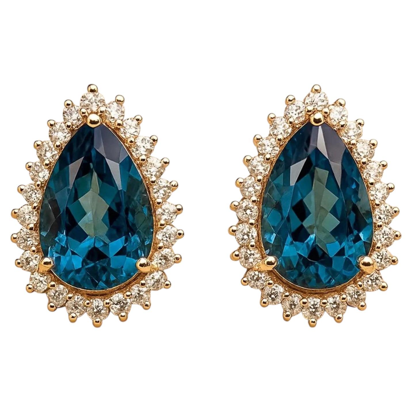 Giant Blue London Topaz Diamond Yellow Gold Statement Earrings